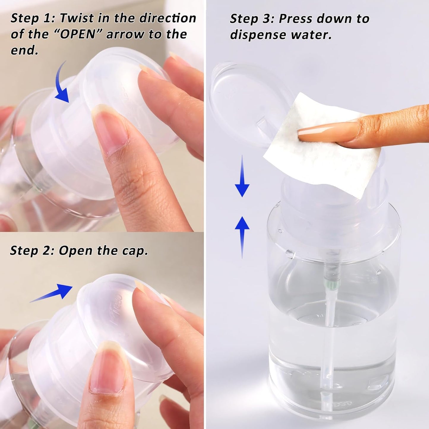 Nail Polish Remover Pump Alcohol Dispenser Push Down Pump Dispenser 500Pcs Lint Free Nail Wipes Pump Bottles for Liquids Eye Makeup Remover Pump Push Down Empty Bottle 100ml