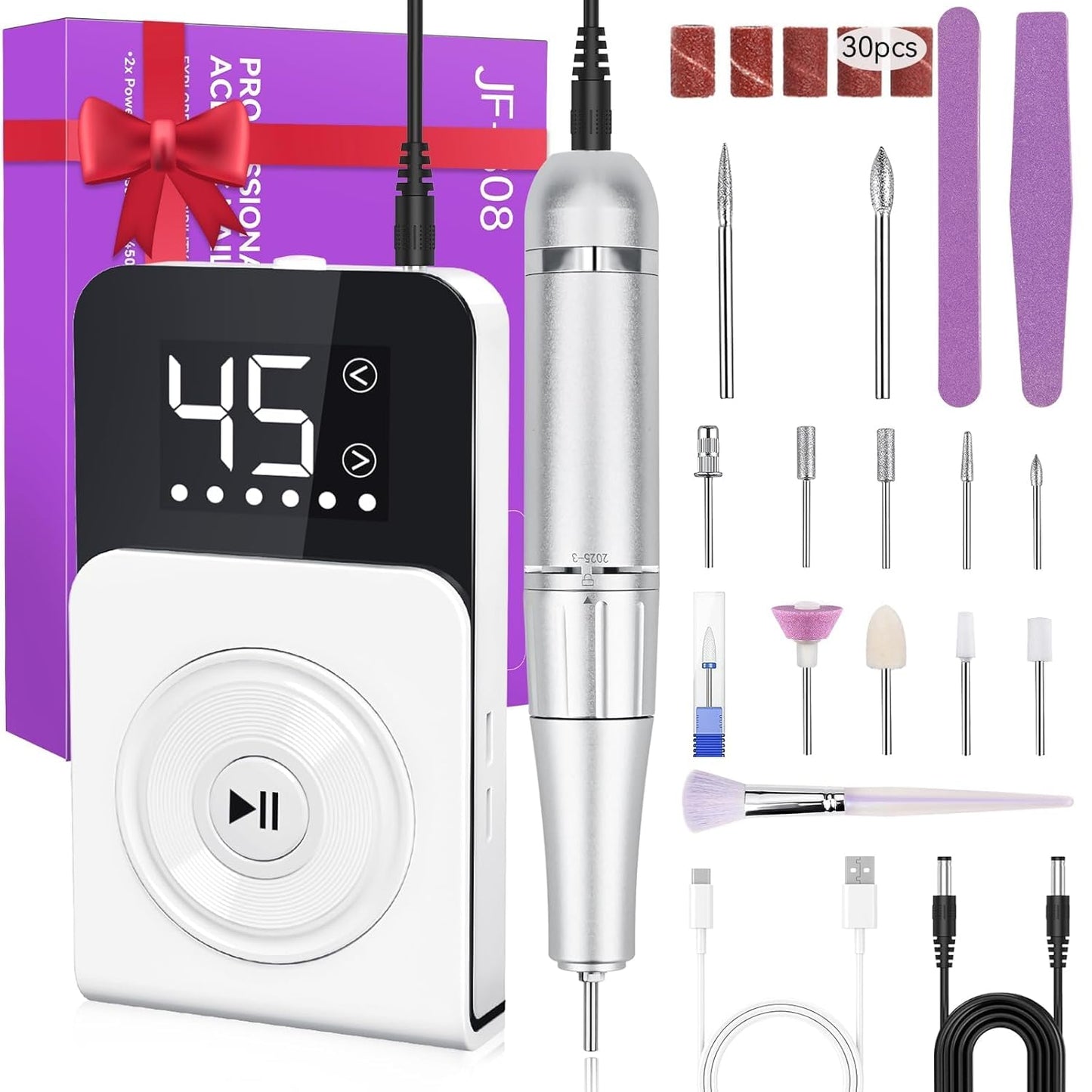 Cadrim Portable Electric Nail Drill Professional 45000 RPM, 2025 Upgrade-Speed Control Disc, Rechargeable Electric Nail File for Acrylic Gel Nails, Nail Drill Kit for Salon Home, White