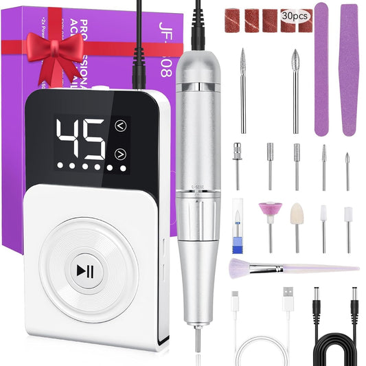 Cadrim Portable Electric Nail Drill Professional 45000 RPM, 2025 Upgrade-Speed Control Disc, Rechargeable Electric Nail File for Acrylic Gel Nails, Nail Drill Kit for Salon Home, White