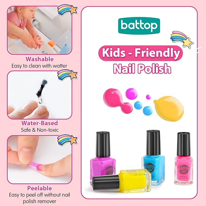 BATTOP Kids Nail Polish Set for Girls, Nail Art Kits with Nail Dryer & Glitter Pen, Quick Dry & Peel Off & Non-Toxic Nail Polish, Christmas Birthday Gifts for Girls Ages 6 7 8 9 10 11 12