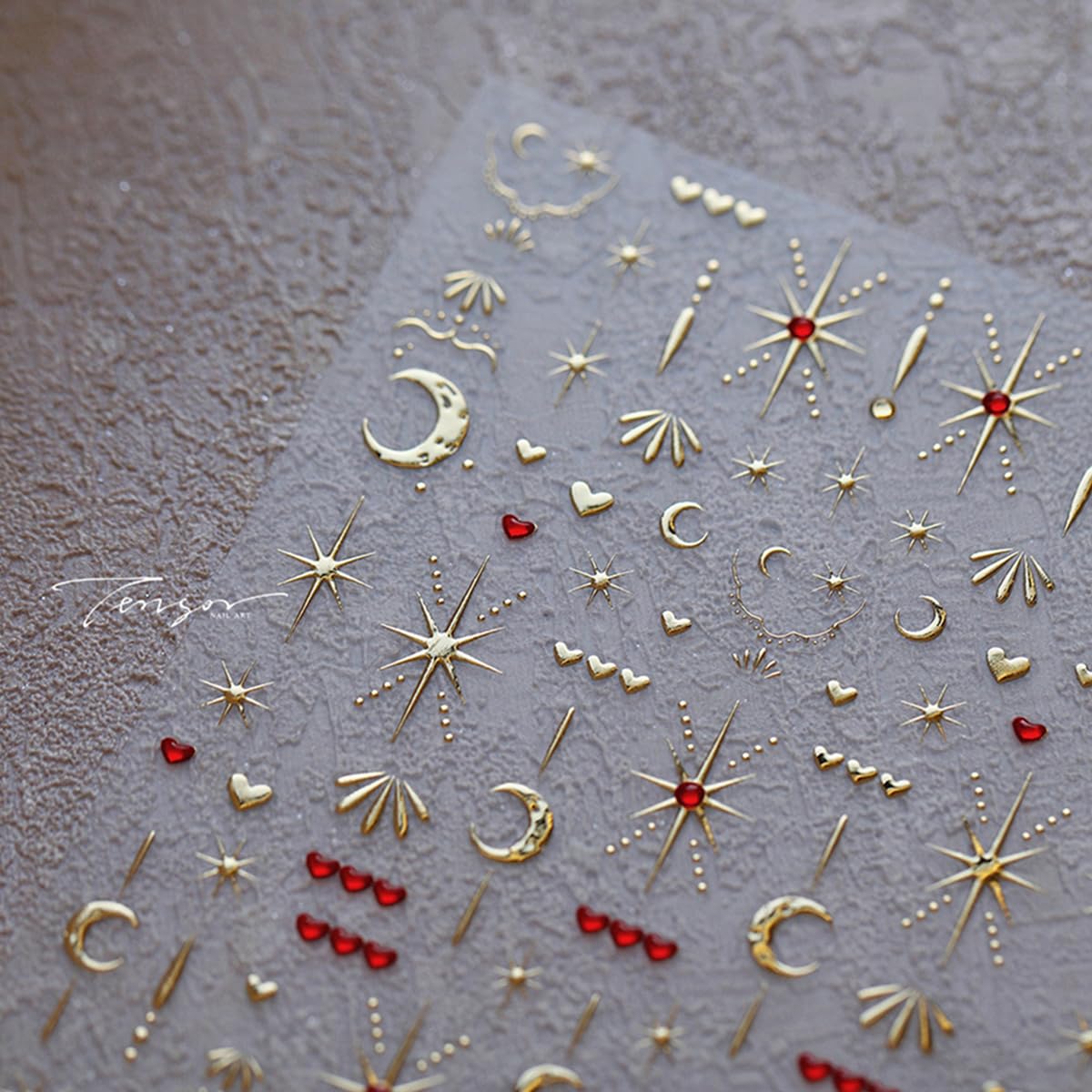 Star Moon Nail Art Stickers Decals 5D Gold Bronzing Embossed Nail Stickers 1PCS Red Heart Star Moon Luxury Nails Design Jelly Nails Adhesive Decals Manicure Supply for Women DIY Nail Art Decorations