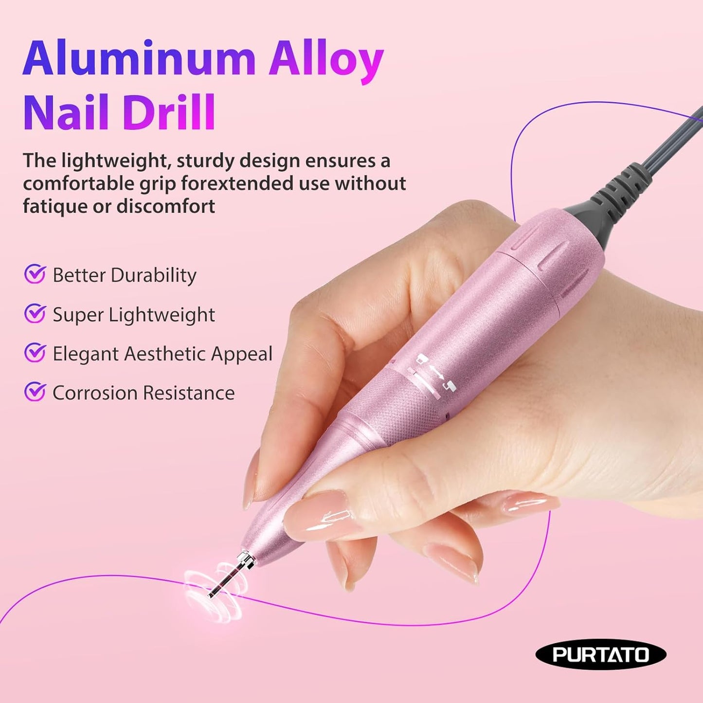 Professional Nail Drill 40,000 RPM, Rechargeable,LCD Display E File Machine for Acrylic Nails Gel Polishing Removing Portable Nails Efile Tools for Manicure Salon & Home (Pink)