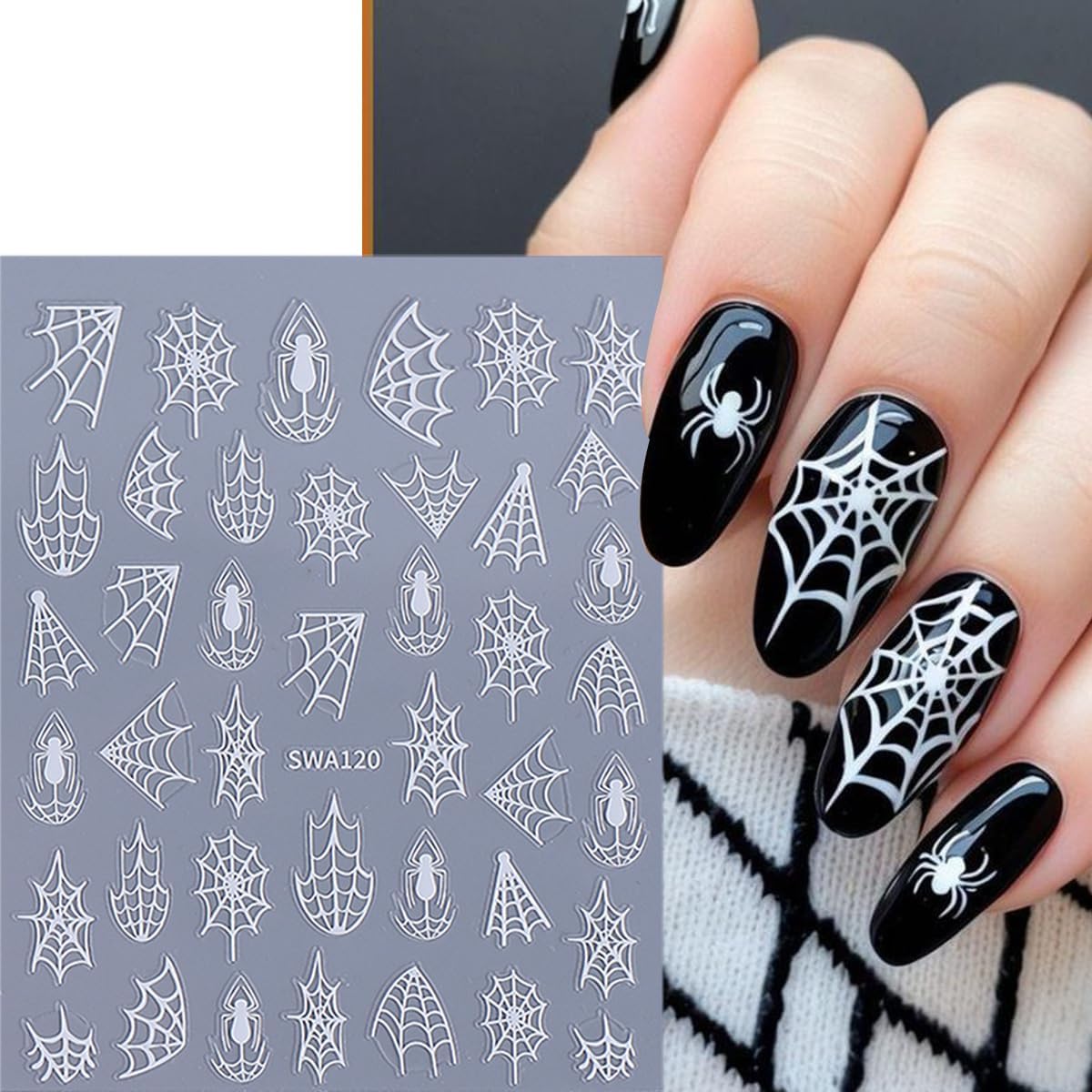 5 Sheets Halloween Nail Stickers for Nail Art 3D Self-Adhesive Spider Web Nail Art Stickers White Black Silver Laser Gold Spider Nail Decals Goth Nail Art Supplies for Women Acrylic Manicure Salon