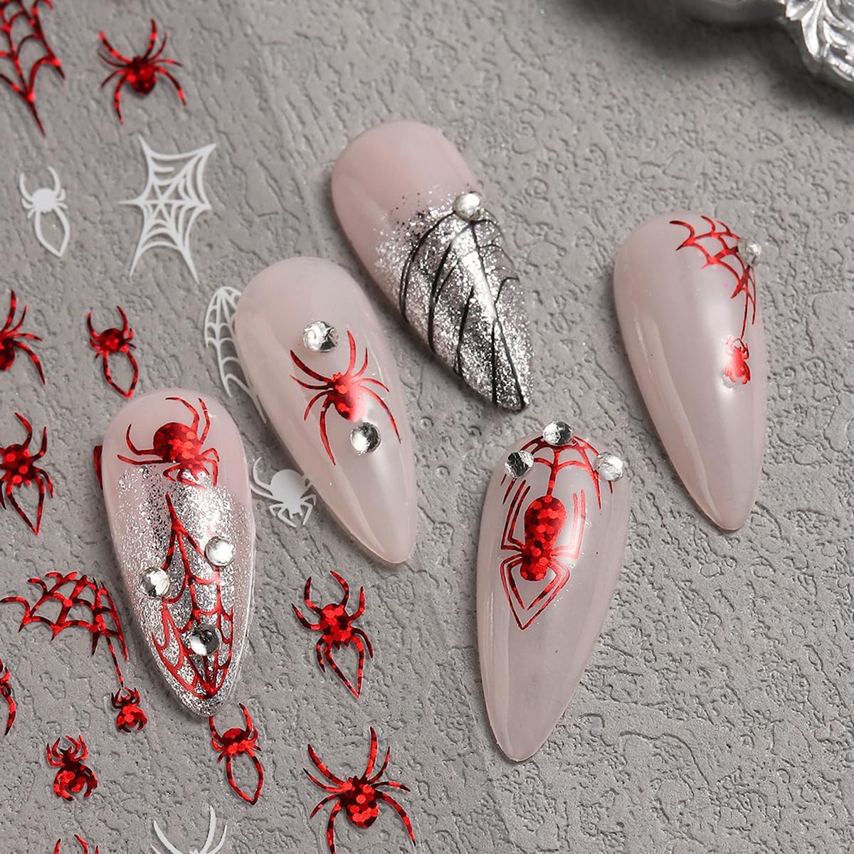 Spider Web Halloween Nail Stickers,Halloween 3D Nail Spider for Nail Art Self-Adhesive Glue Finger Nail Decals Spider Web Black Red White Design Holographic Spiders Manicure Art Supplies Decoration 6