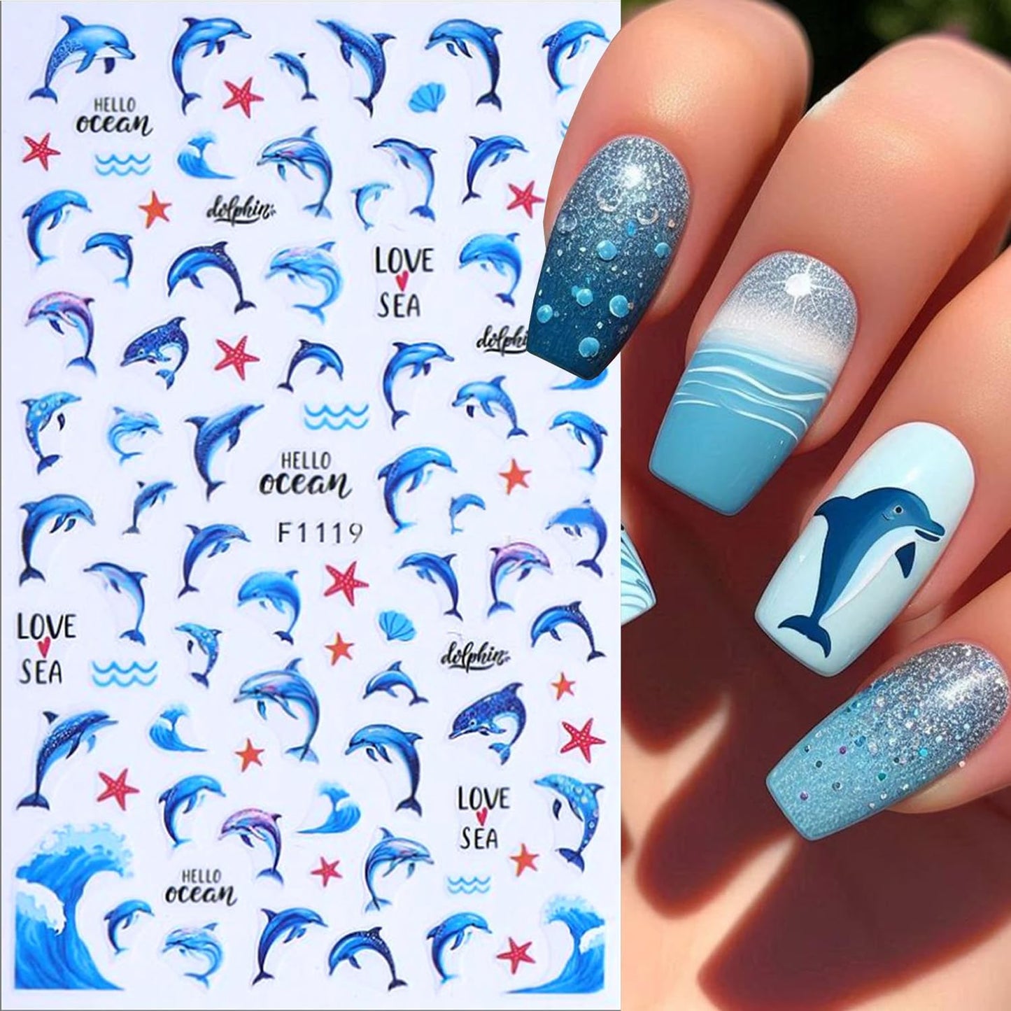 Marine Life Nail Art Stickers -3D Cute Mermaid Nail Decals Self Adhesive Small Whale Nail Stickers with Little Fish Jellyfish Designs Nail Decal Summer Nail Supplies for Women DIY Manicure Decoration