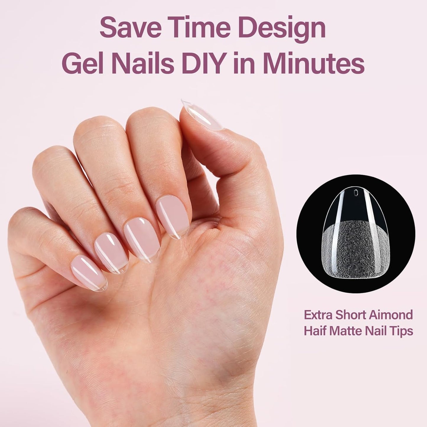Misssix Extra Short Almond Gel Nail Tips Kit, 216Pcs Pre Etched Clear Fake Nails, Full Cover False Nail 9-in-1 Gel Glue and Portable Mini U V Nail Lamp for Women 12 Sizes