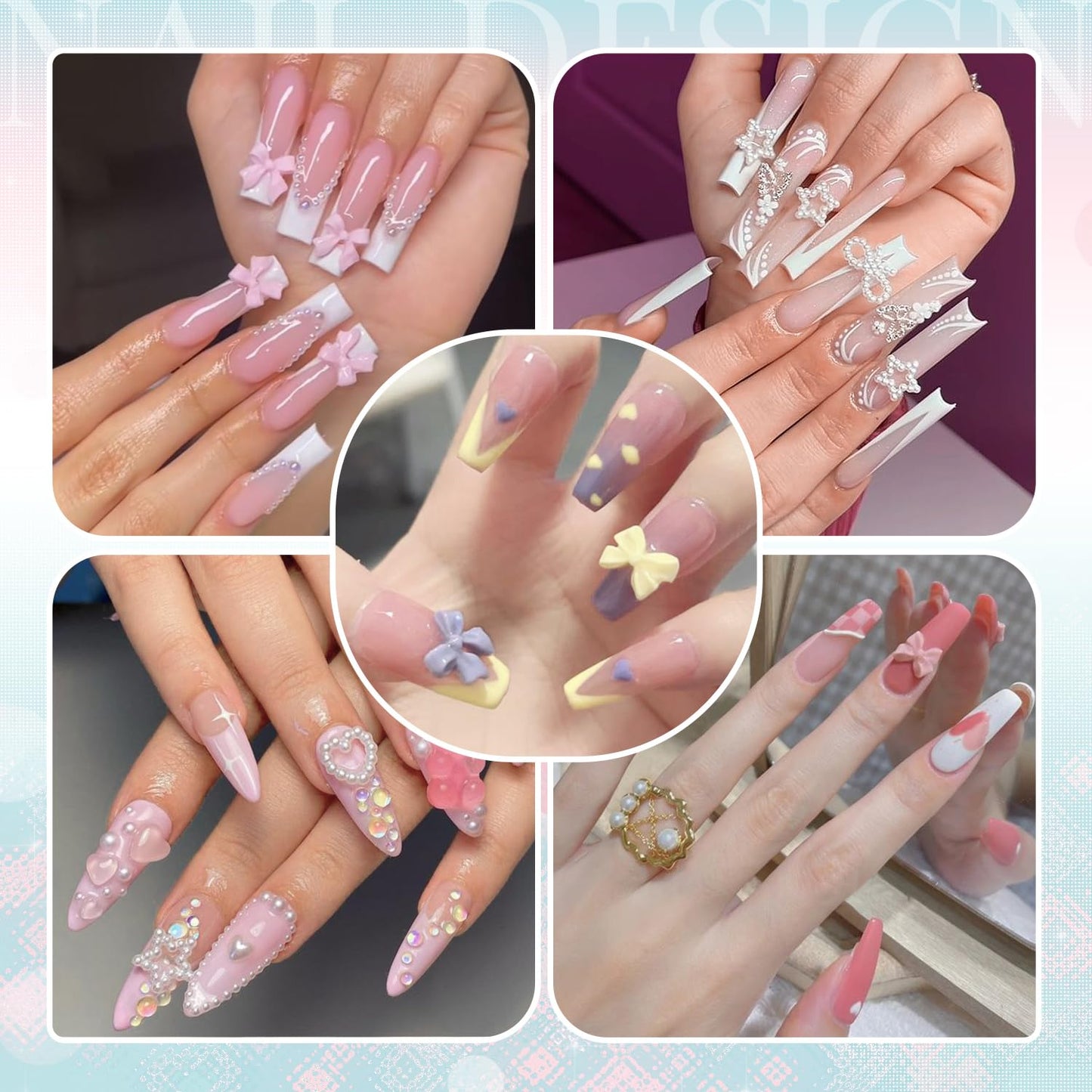 3D Nail Charms for Coquette Nails Design Set 4, Colorful Nail Bows + Assorted Pearl Heart Star Moon Bowknot Cute Nail Jewels + 3D Flower Charms and Nail Pearls, with Picker Tools for Nail Decor