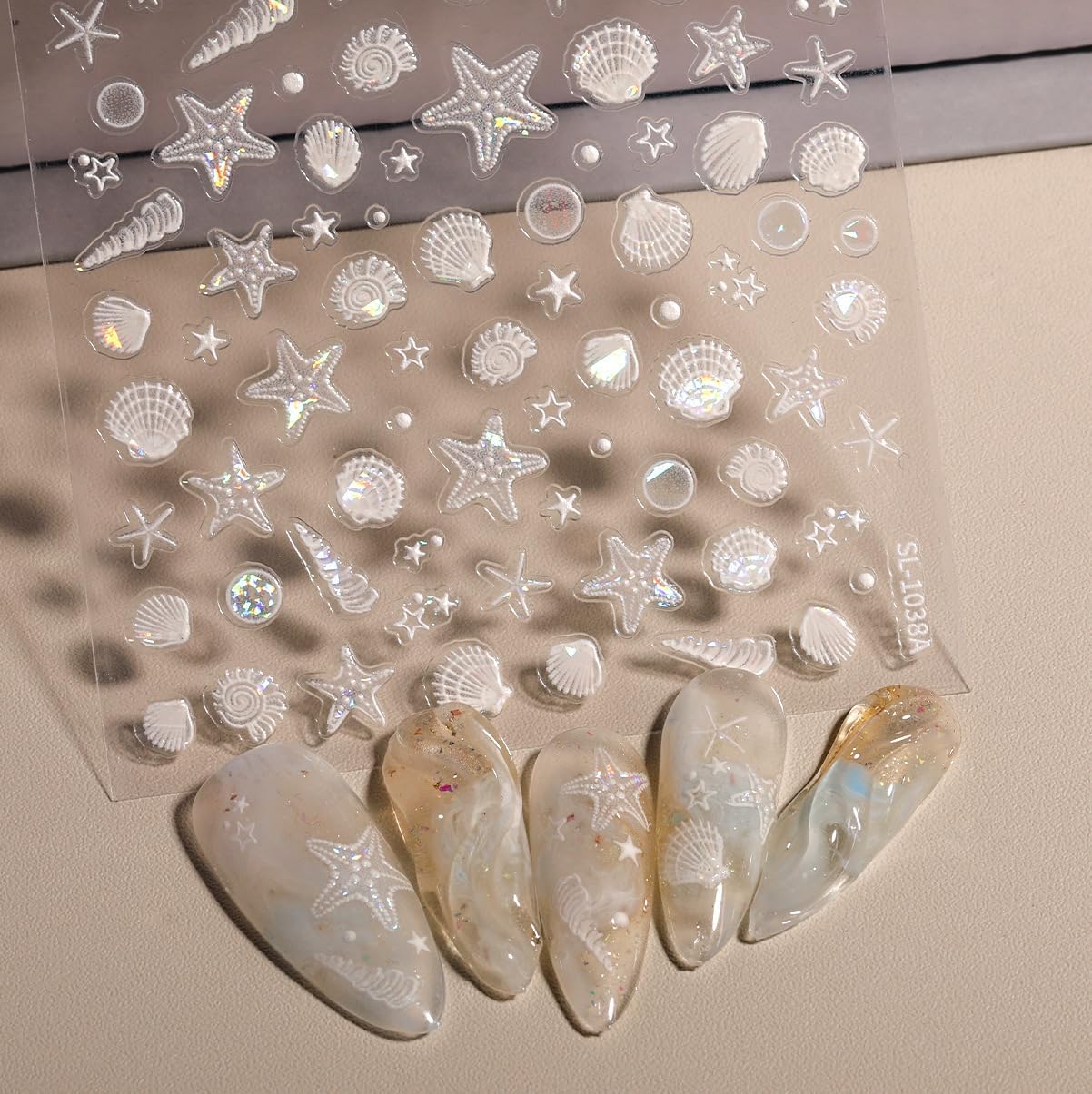 Summer Ocean Style 5D Embossed Dream Shell Starfish Jellyfish Beach Nail Stickers - DIY Nail Art Decorations for Summer Vacation A Set of 3 Sheets
