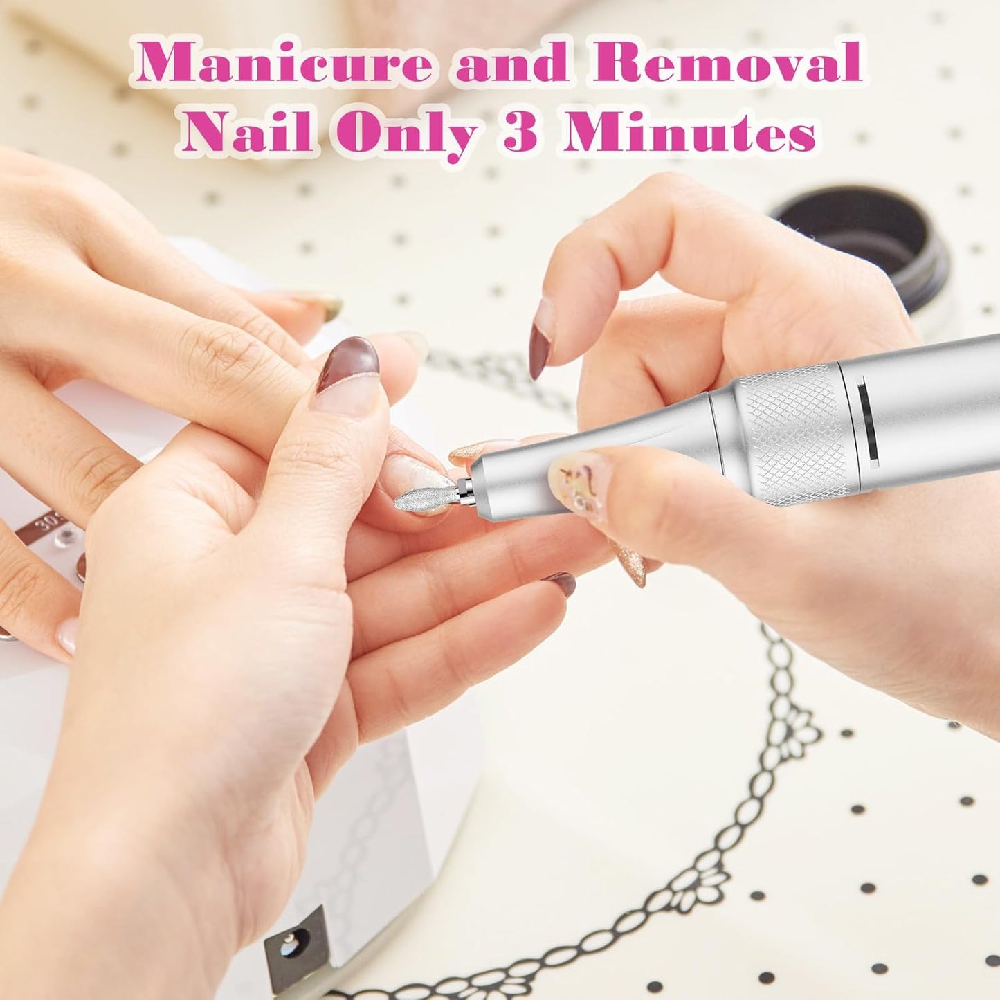 Professional Nail Drill Machine: 45000 RPM, LCD Display, Rechargeable Battery, for Acrylic & Gel Nails - Perfect for Salon and Home Use (White Gold)