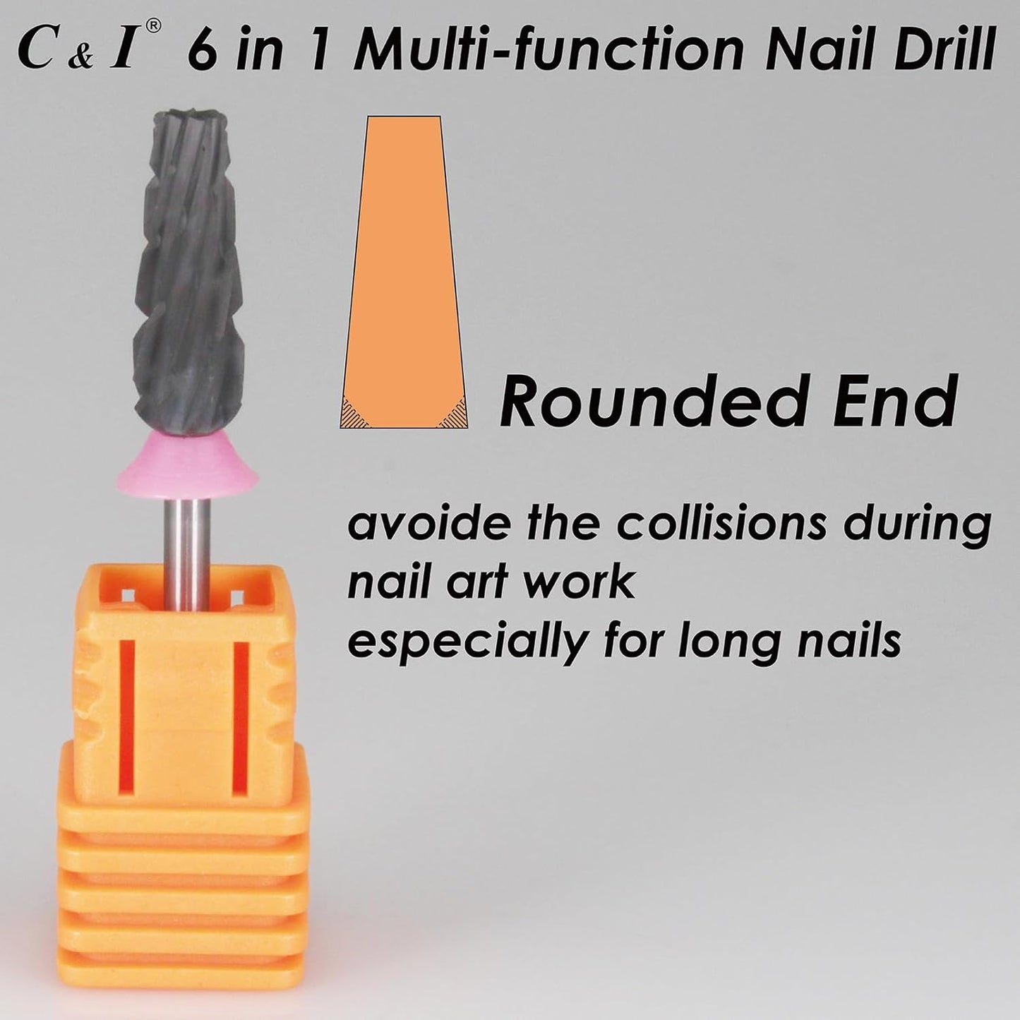 C & I Nail Drill Bit 6 in 1 Multi-function Rounded End E-file, Diamond Coat, CNC Overall Cut Nail Tools for Nail Techs Quick Remove Acrylic Nail Gels & Nail Art (Special Coat, Triple Coarse -3XC)