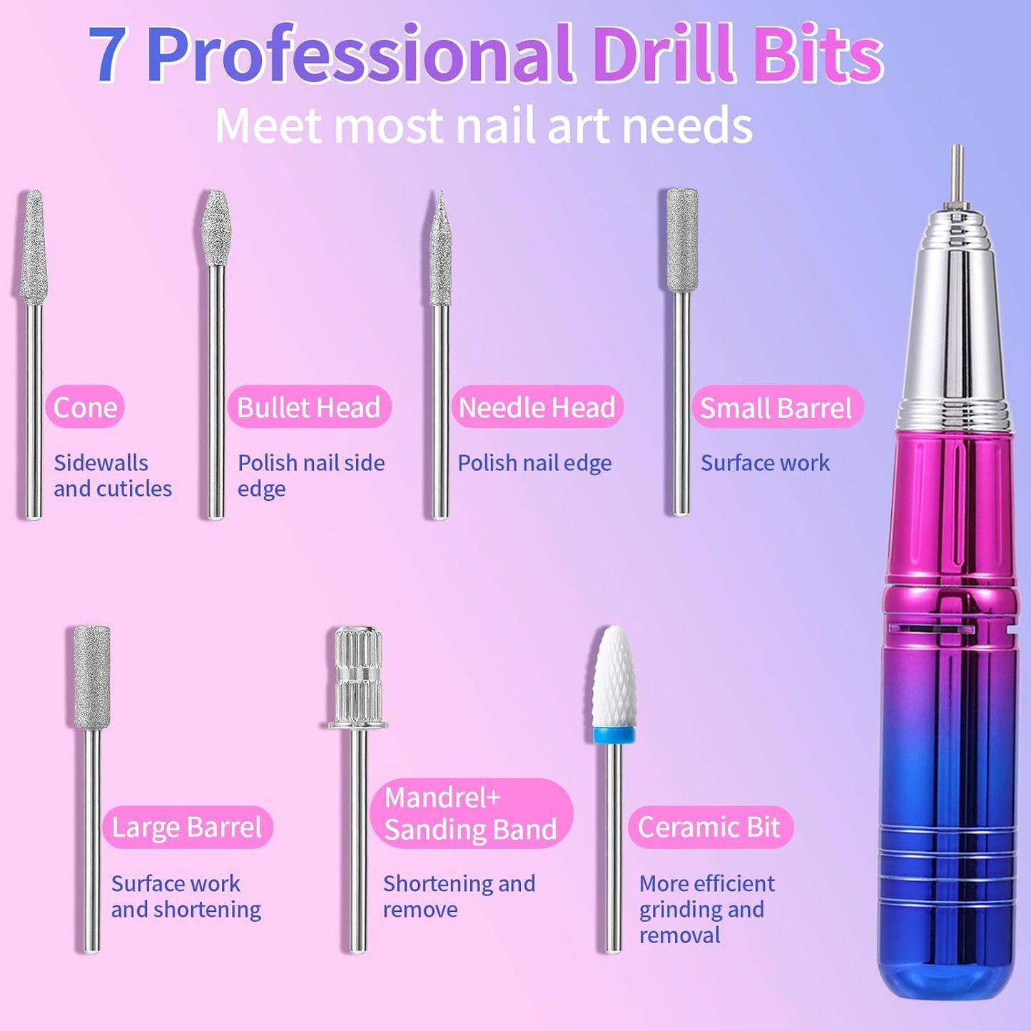 Electric Nail Drill Professional - 45000 RPM Cordless Nail Drill with Rechargeable Stand, Electric Nail File with Nail Lamp, Portable Nail Drills for Acrylic Gel Polishing Removing, Home & Salon Use