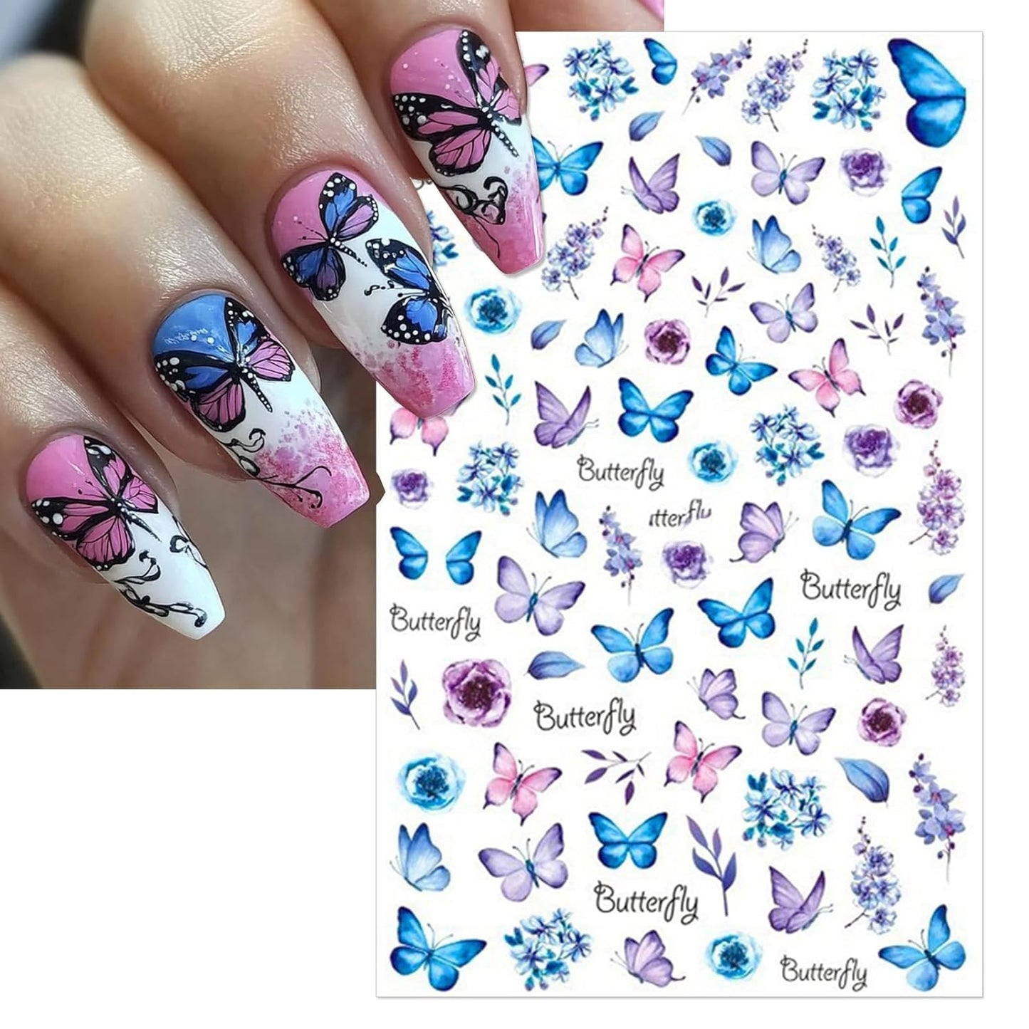 6 Sheets Butterflies Nail Art Stickers - Colorful Spring Flower Self-Adhesive Nail Decals for DIY Butterflies Wing Summer Floral Manicure