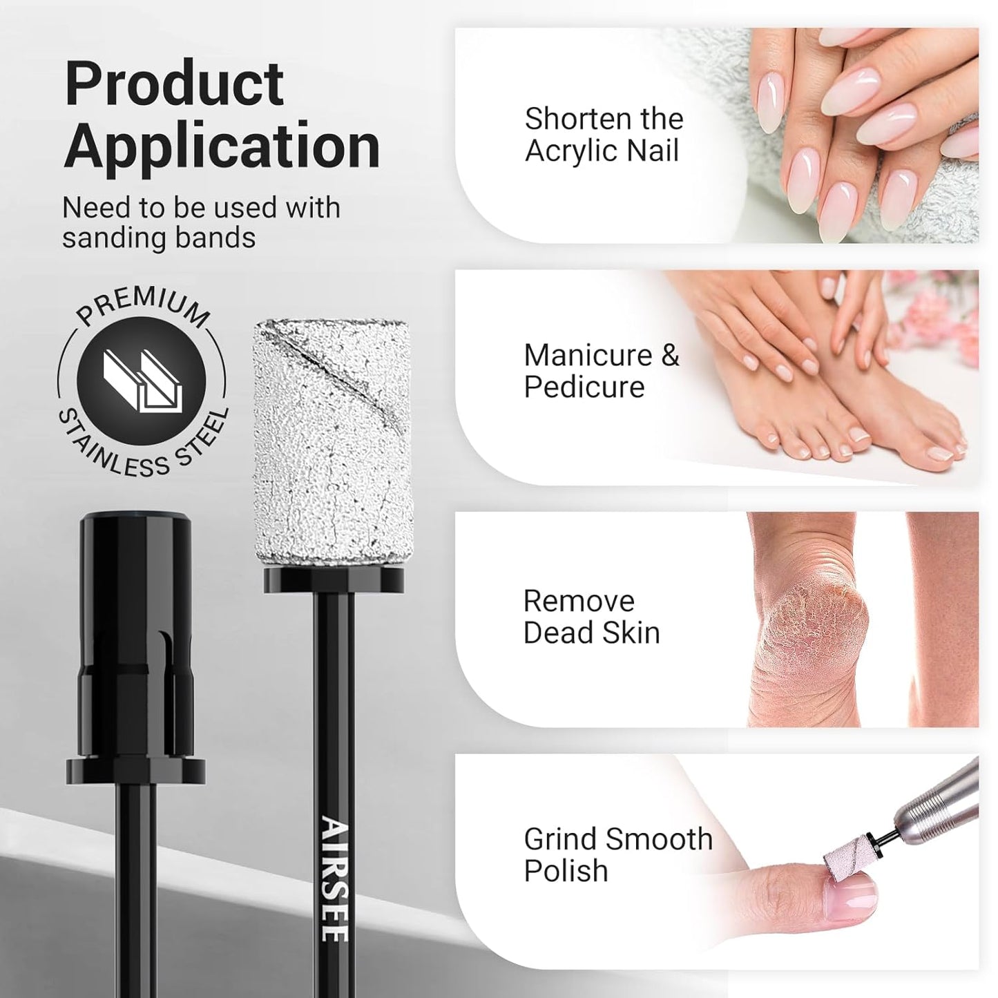 AIRSEE Nail Drill Mandrel Bit for Efile Sanding Bands, Stainless Steel Professional Electric File Head for Clean Cuticle Removing, Acrylic Tip Dead Skin Sander Remover Manicure Safety (Classic Black)