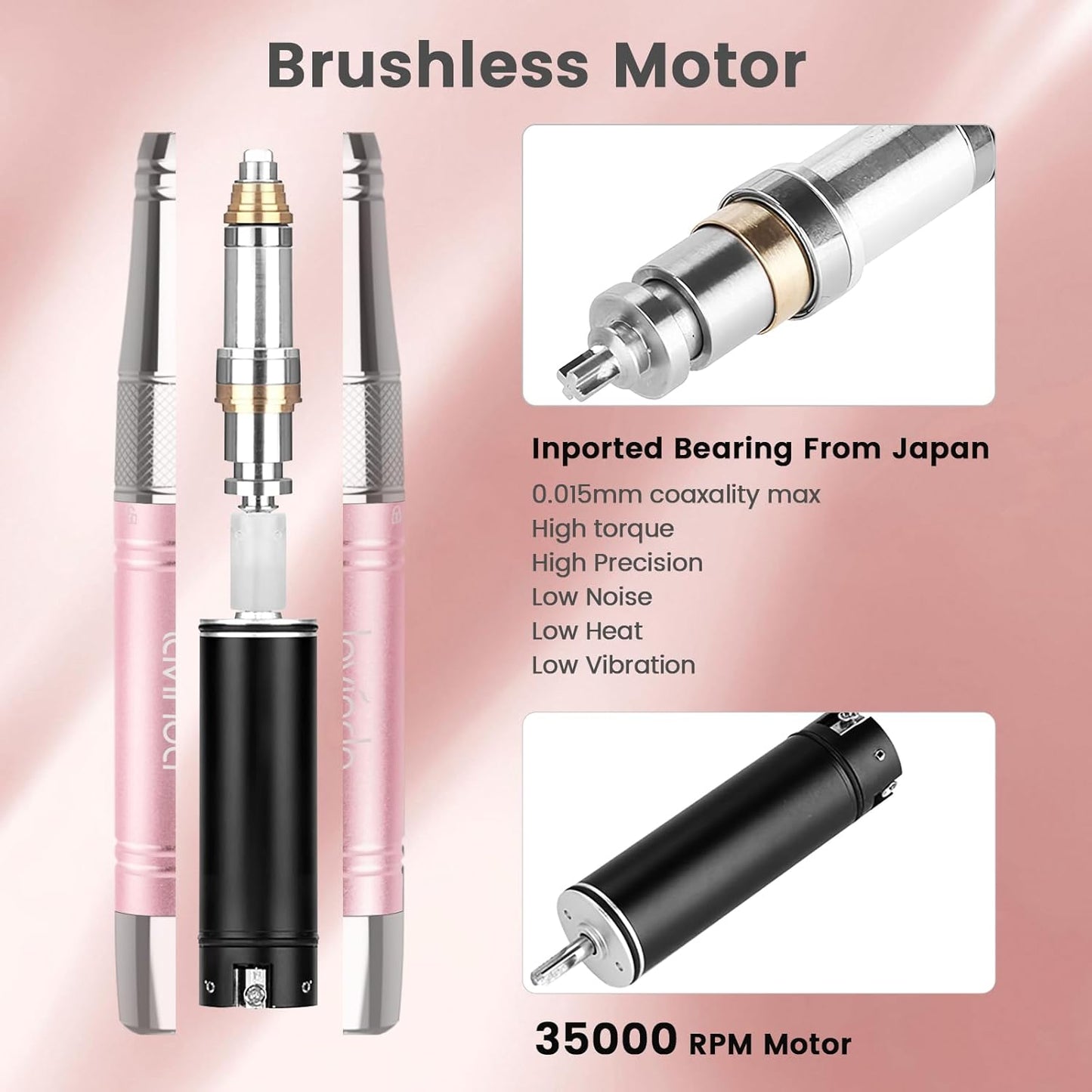 Lavinda Professional Rechargeable Nail Drill Machine, Cordless 35,000RPM Skyspace Brushless Nail Drill, Portable Electrical Nail File for Acrylic Nails with Protective Case, Rose Gold