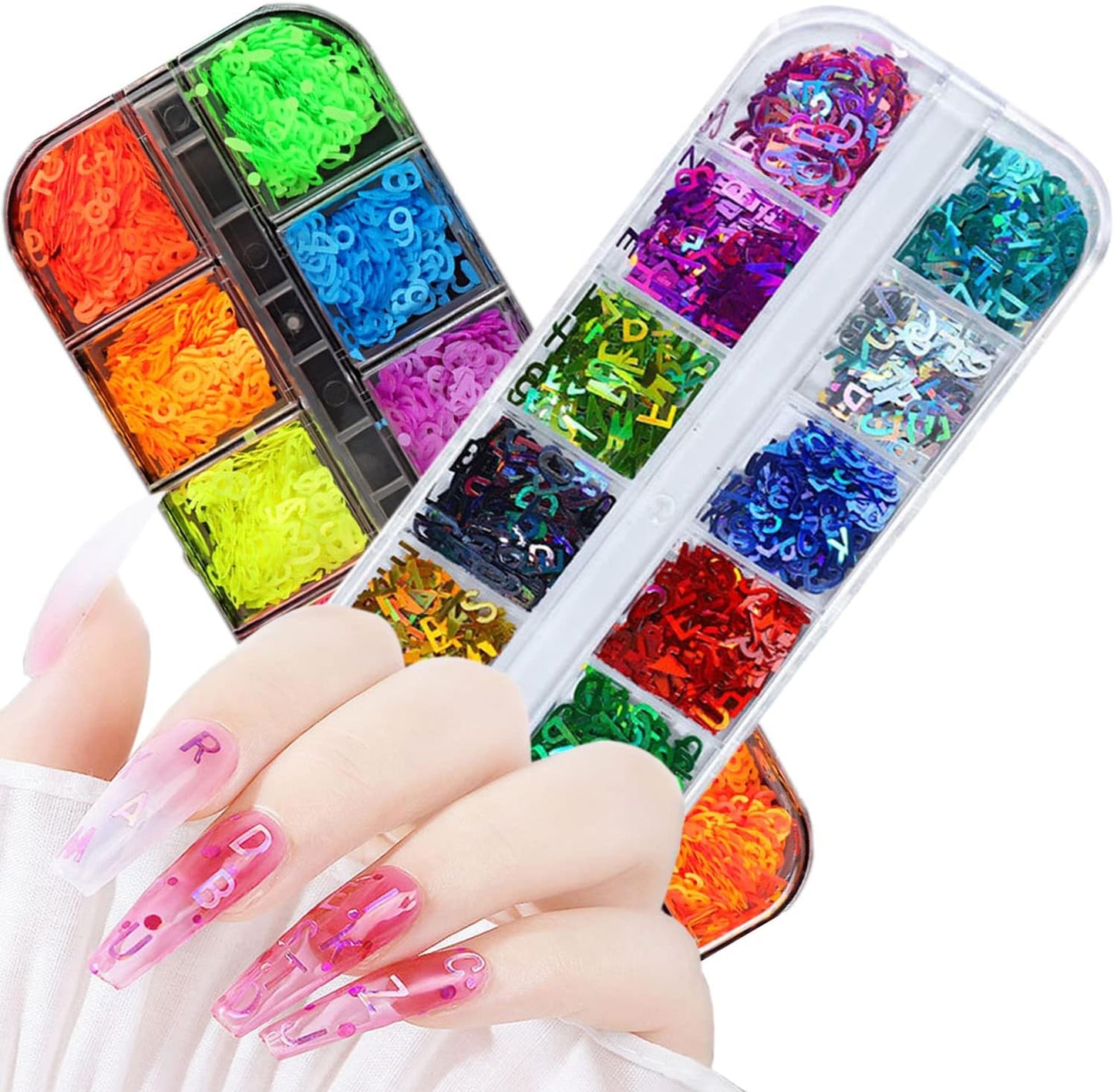 Letters Glitter Nail Art Sequins, Holographic Laser 3D Sparkly Nail Flakes Design, Alphabet Numbers Acrylic Nails Supplies for Women Girls Manicure Charms Decorations DIY Resin Nail Art Tips Crafts