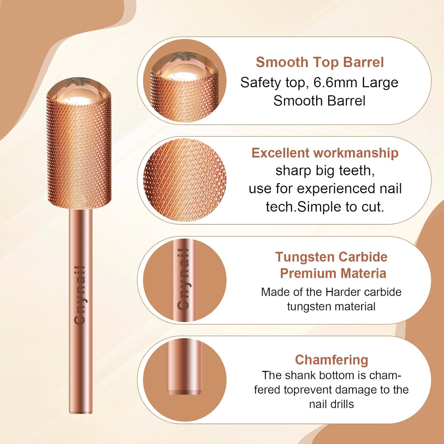 3/32" Large Barrel Smooth Round Top Tungsten Carbide Nail Drill Bit Safety Bit for Gel & Acrylic Removal, 2-Way Rotating Efile Tip, Salon Electric File Accessory (XF Grit, Rose Gold)