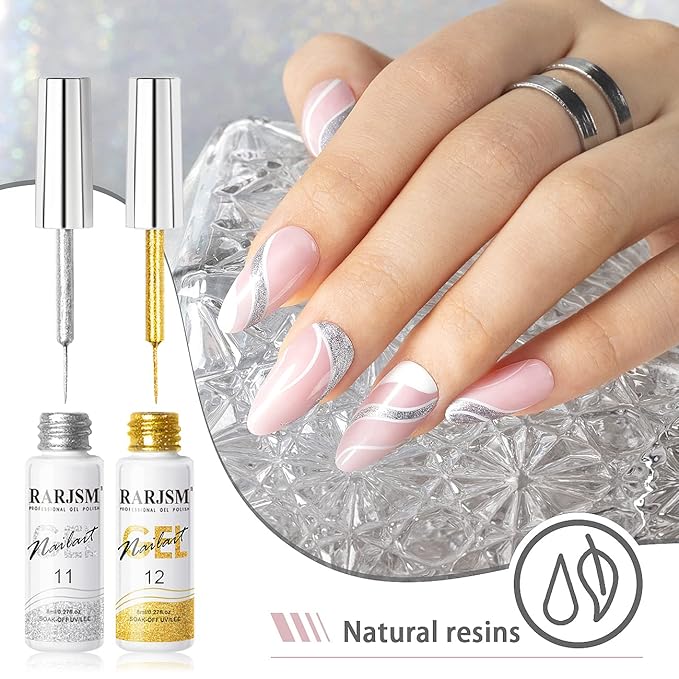 RARJSM Gel Liner Nail Art Silver Gold Glitter Nail Design Polish Painted Gel Nail Polish Set 2Pcs Soak off Curing Requires 8ml Build in Thin Brush for Home Salon Diy Nail Decoration Dotting Painting