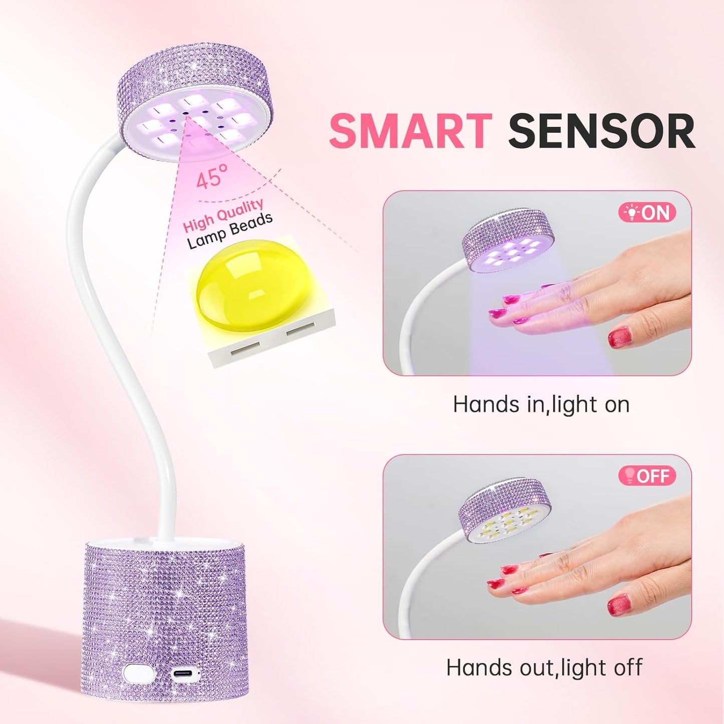 UV LED Nail Lamp, Mini UV Light for Gel Nails Polish, Rechargeable LED Flash Cure Nail Dryer, Quick Drying Goosenecks UV Nail Lamp for Home Nail Salon DIY Manicure, Purple Diamond