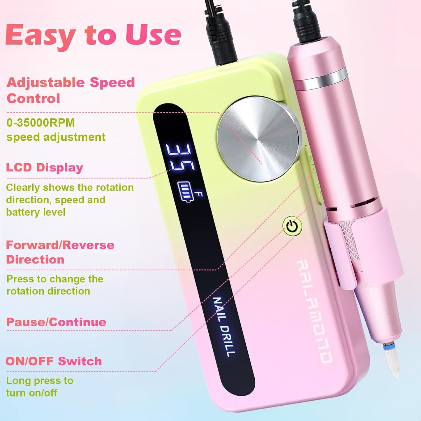 Electric Nail File, 35000RPM Nail Drill Kit with Bits, Professional Nail Drill Cordless for Acrylic Nails, Portable Rechargeable Nail Filer Electric, Efile Nail Drill Acrylic Nails Tool (Yellow Pink)