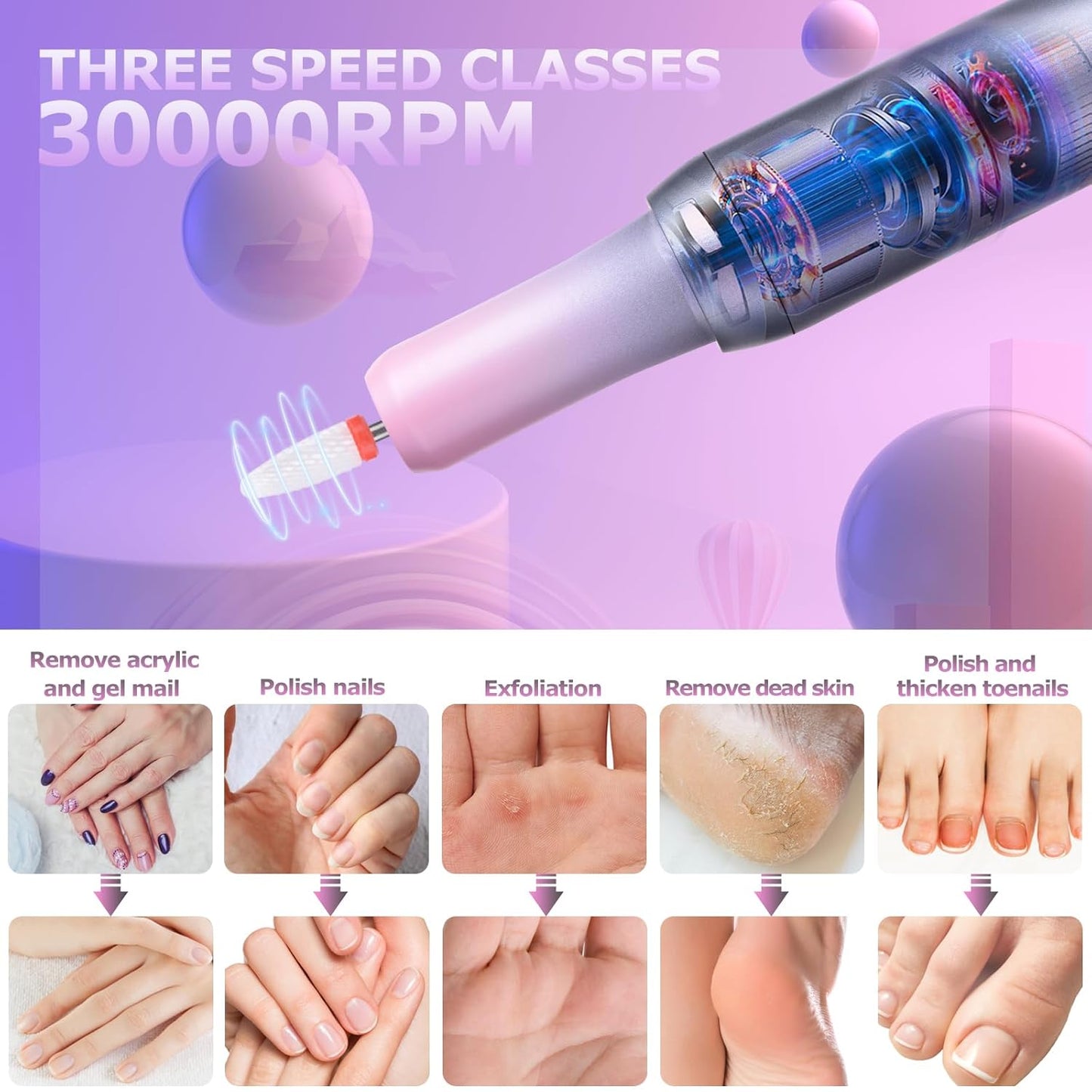 Electric Nail Files Cordless, Professional Nail Drill LCD Display with 12 Bits 30000RPM Rechargeable Manicure Pedicure EFile for Gel Nail Polish Acrylic Nails Thick Toenails Removal, Grey Pink