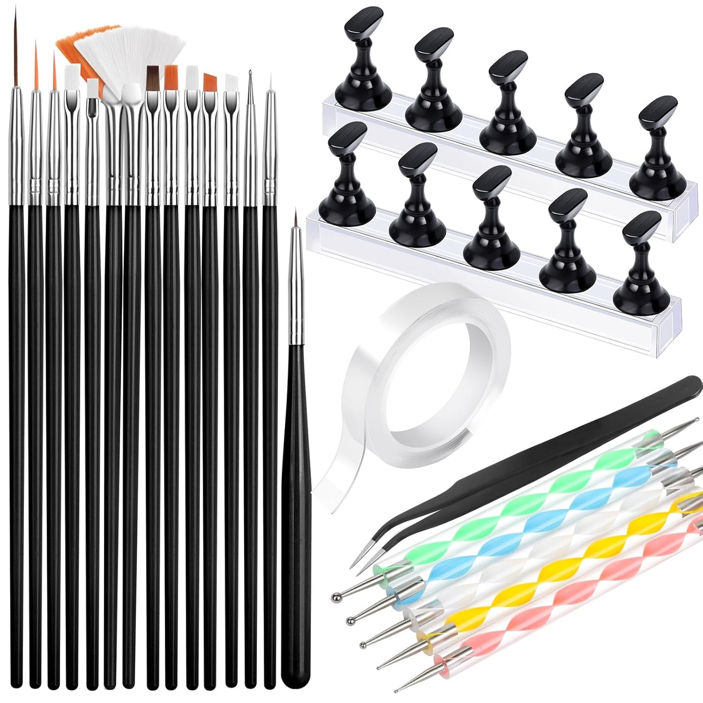 FANDAMEI Nail Art Tools, Nail Brush, 15 PCS Nail Art Brushes, 5 PCS Nail Dotting Tool, Nail Stand, Nail Holder For Painting Nails, Nail Tools, Nail Design Tools, Black