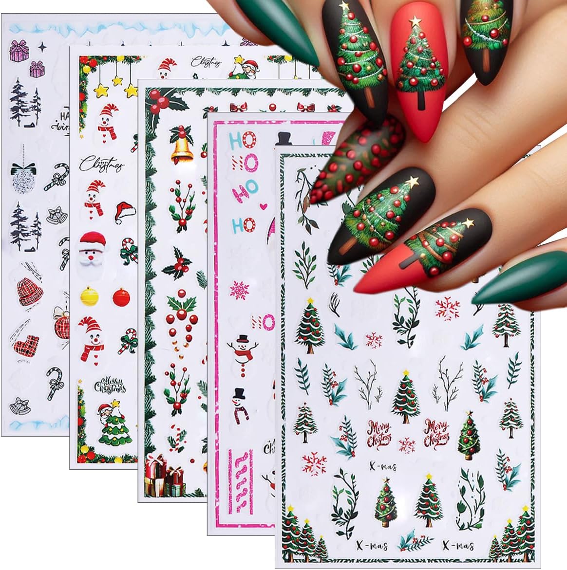 5 Sheets Christmas Nail Stickers 3D Self-Adhesive Dwarf Santa Claus Snowflake Xmas Trees Nail Decals Cute Elk Penguin Nails Design Stickers Winter Nails Supplies for Women Holiday DIY Manicure Decor