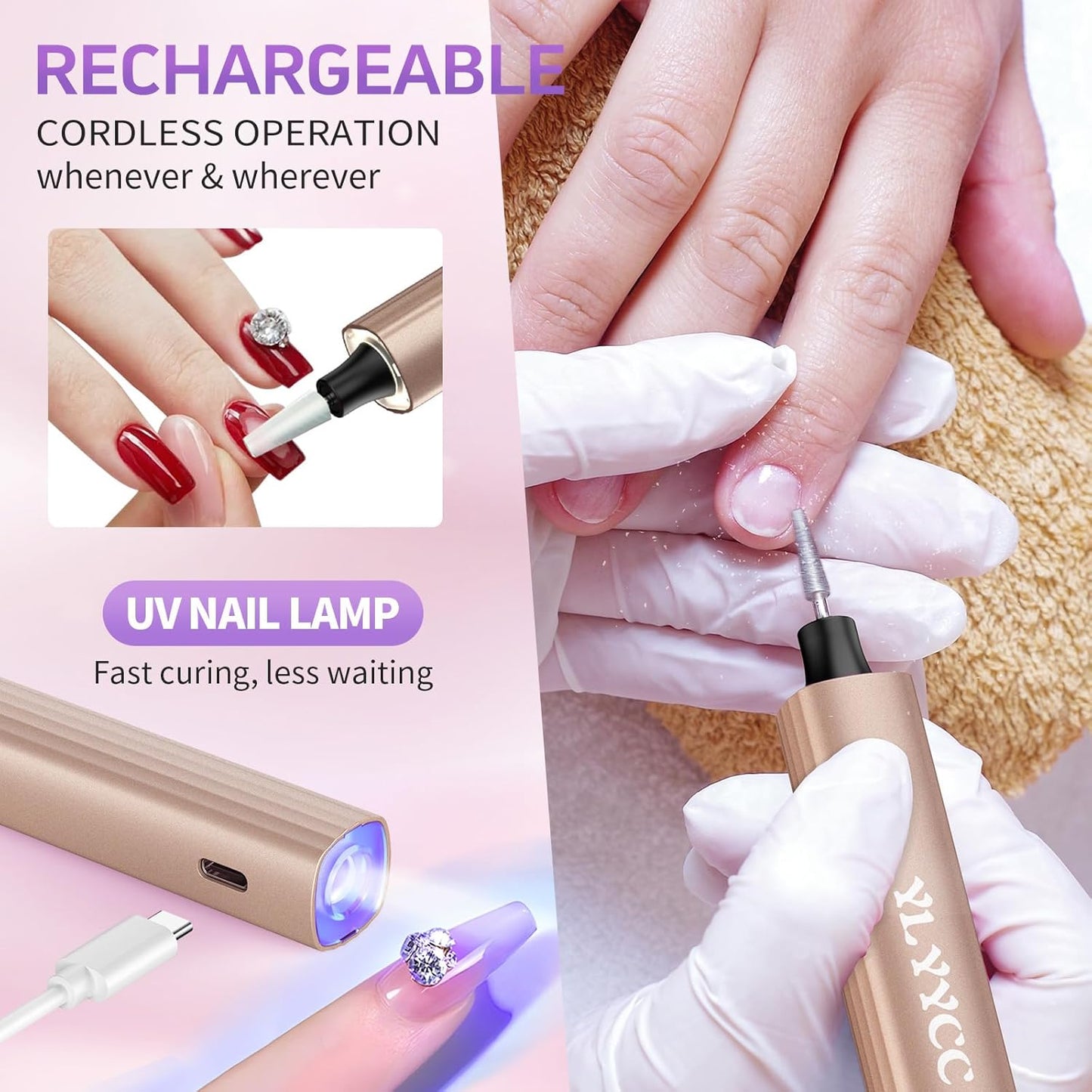 Cordless Nail Drill Electric Nail File with UV Lamp:Professional for Acrylic Gel Dip Powder Nails Portable Nail Kit Machine Tools for Women Girl Manicure Pedicure Set Rechargeable Lightweight