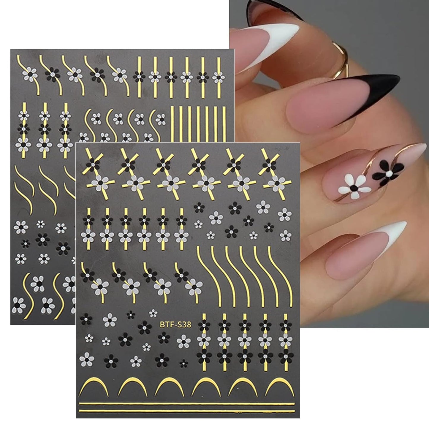 JMEOWIO 9 Sheets Heart Line Flower Nail Art Stickers Decals Self-Adhesive Pegatinas Uñas Colorful Nail Supplies Nail Art Design Decoration Accessories