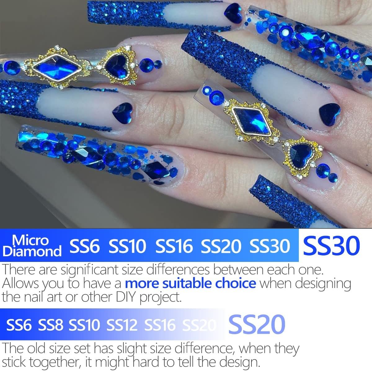 4010pcs Blue Rhinestones Sapphire Blue Nail Rhinestones Flatback Stones K9 Glass Royal Blue Nail Gems Crystals Nail Charms Nail Art Kit 6 Sizes(1.6-6.1mm) to SS30 for Nails Face Eyes Makeup Crafts