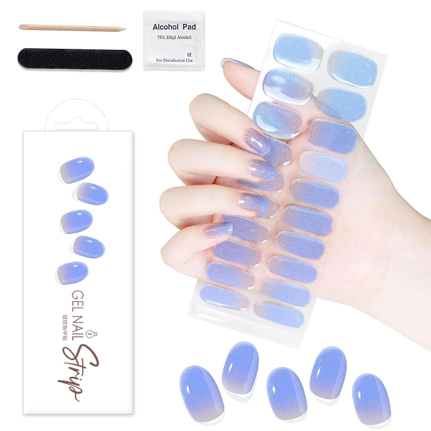 WOKOTO 1 Sheet Semi Cured Gel Nail Strips With Wood Stick, Nail File & Prepared Pads, 20 Tips Blue Gradient Glitter Semi Cured Nail Polish Strips, Harden With UV Light Gel Nail Stickers Wraps