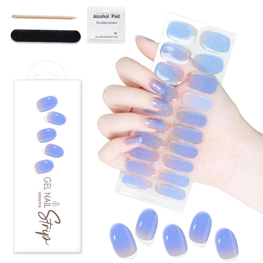 WOKOTO 1 Sheet Semi Cured Gel Nail Strips With Wood Stick, Nail File & Prepared Pads, 20 Tips Blue Gradient Glitter Semi Cured Nail Polish Strips, Harden With UV Light Gel Nail Stickers Wraps