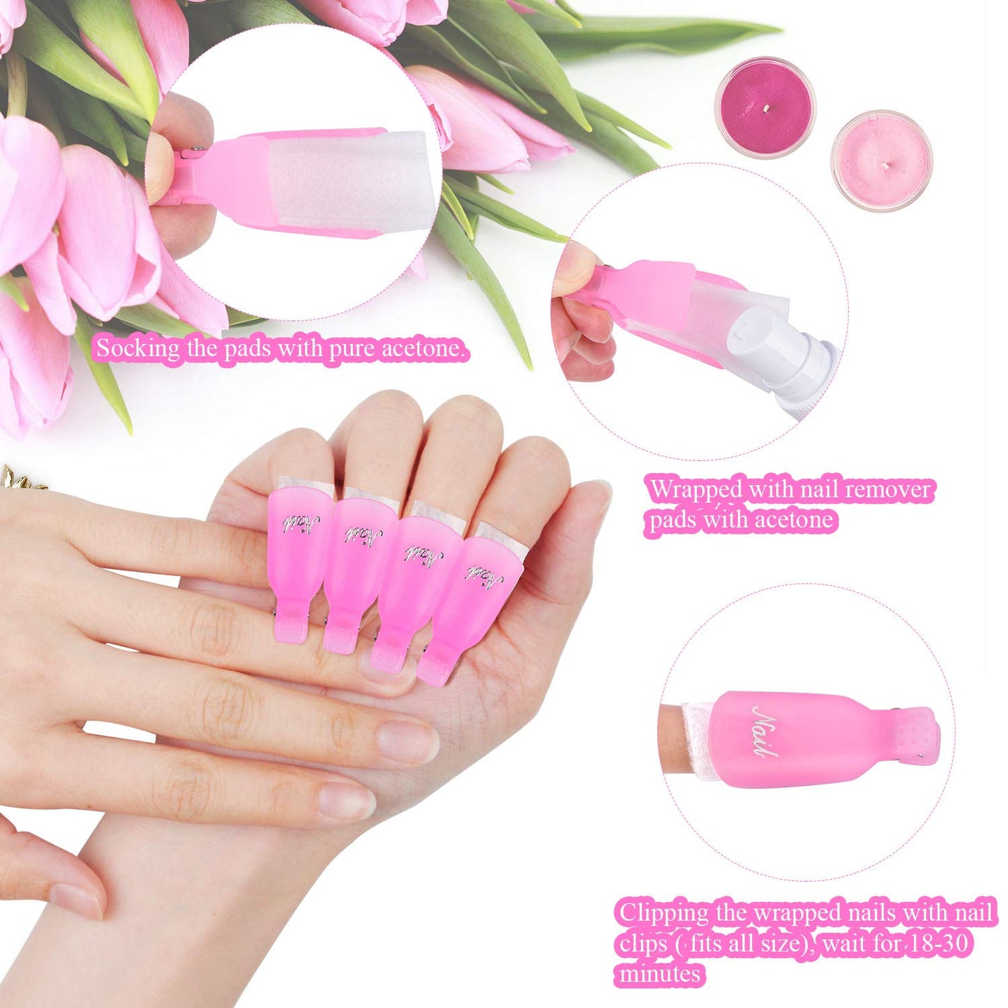 MORGLES Nail Polish Remover Clips, Gel Polish Remover Kit with 10 Pcs Nail Clips, 300 Pcs Cotton Pads, 100/180 File, Glass Shiner, Cuticle Pusher and Brush-Pink