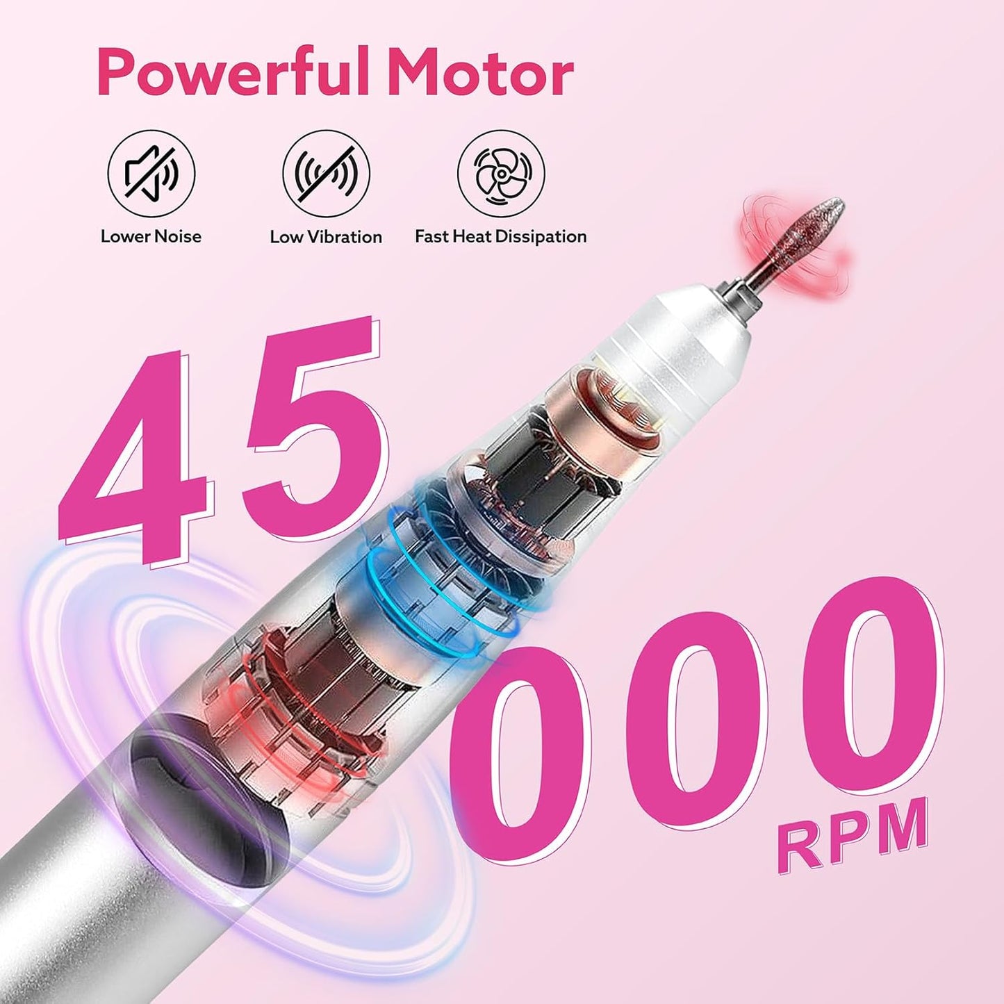 Nimmu Portable Nail Drill Professional, 45000RPM Electric Nail File for Acrylic Nail Remove Gel Polish, Rechargeable Nail Drill Machine with 11 Bits Kit for Manicure Salon Home (Pink)