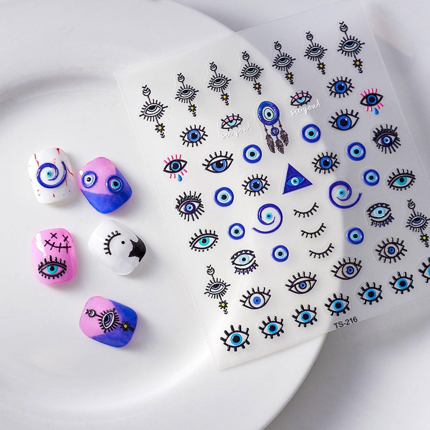 Blue Evil Eye Nail Stickers 5D Embossed Nail Decals Self-Adhesive Nail Art Supplies Eyelash Eye Manicure Stickers for Women Nails Art Decoration