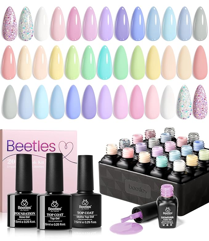 beetles Gel Polish Set - 23Pcs Macaroon Color Gel Nail Kit with Glossy Matte Top Coat Base Coat Yellow Pink White Purple Blue Glitter Bright Uv Nails Paradise Pastel Gel Halloween Gifts for Women
