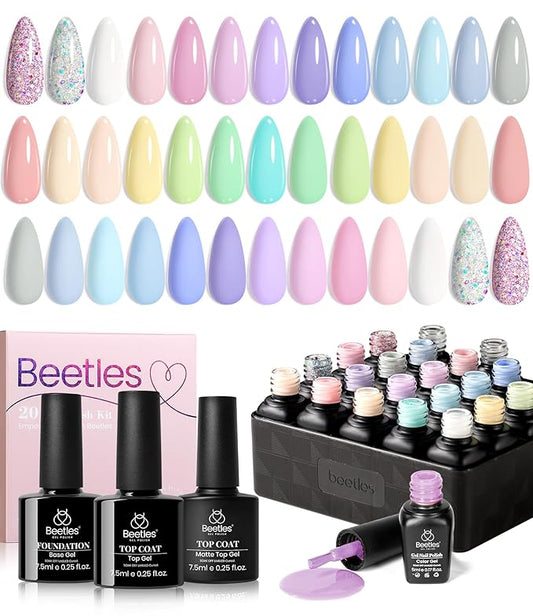 beetles Gel Polish Set - 23Pcs Macaroon Color Gel Nail Kit with Glossy Matte Top Coat Base Coat Yellow Pink White Purple Blue Glitter Bright Uv Nails Paradise Pastel Gel Halloween Gifts for Women