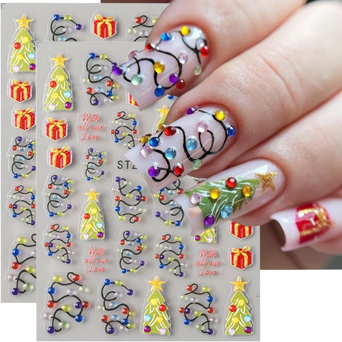 Christmas Nail Art Stickers 5D Embossed Colorful Light Nail Decals 2PCS Xmas Tree String Light Gift Box Self-Adhesive Xmas Nails Design Nail Art Supplies Stickers for Women Manicure Decorations
