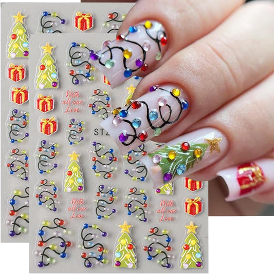 Christmas Nail Art Stickers 5D Embossed Colorful Light Nail Decals 2PCS Xmas Tree String Light Gift Box Self-Adhesive Xmas Nails Design Nail Art Supplies Stickers for Women Manicure Decorations