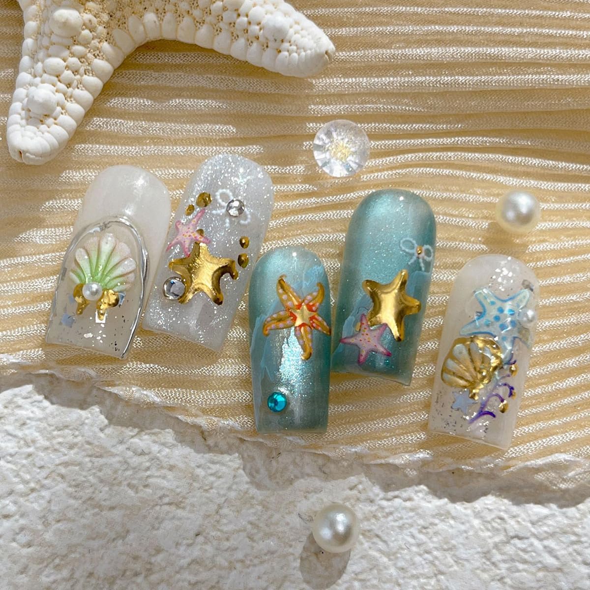 1 Sheets Gold Shell Nail Stickers for Nails Art 5D Embossed Self-Adhesive Summer Nail Art Stickers Ocean Star Jellyfish Design Beach Nail Decals Nail Art Supplies for Women Acrylic Manicure Salon