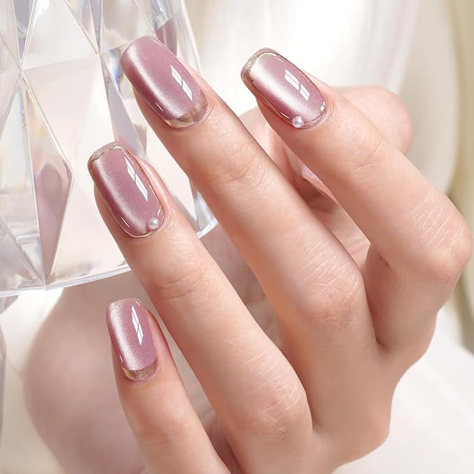 AILLSA Nude Pink Cat Eye Gel Nail Polish Shimmer Glitter Crystal Polish with Magnet, Jelly Purple Sparkle Nail Polish Reflective Translucent Color U V Gel Salon DIY at Home 0.5 OZ GF22