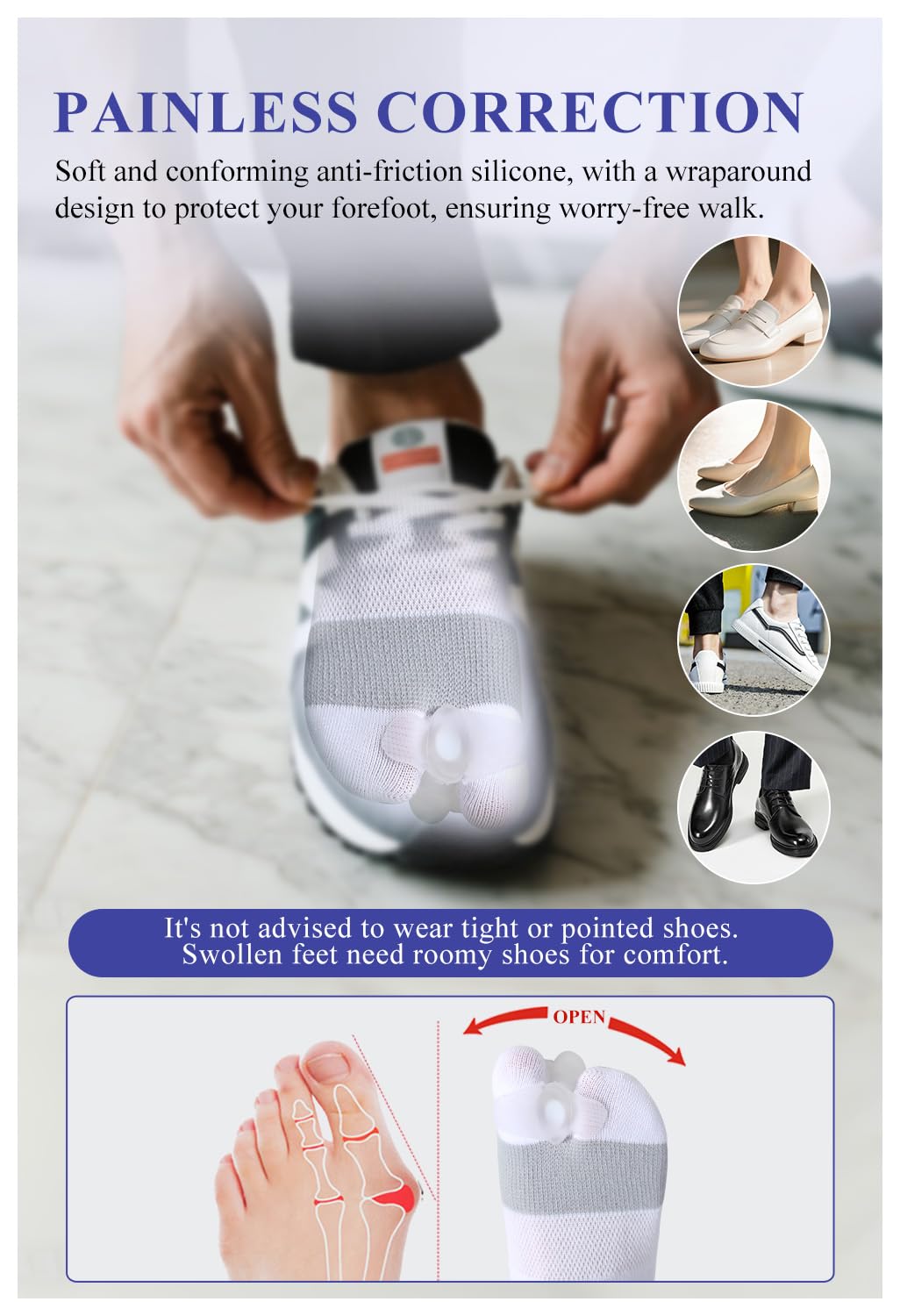Happy Feet Alignment Socks, Adjustable Yoga Toe Separators For Men Women, Wearable On The Go, White M