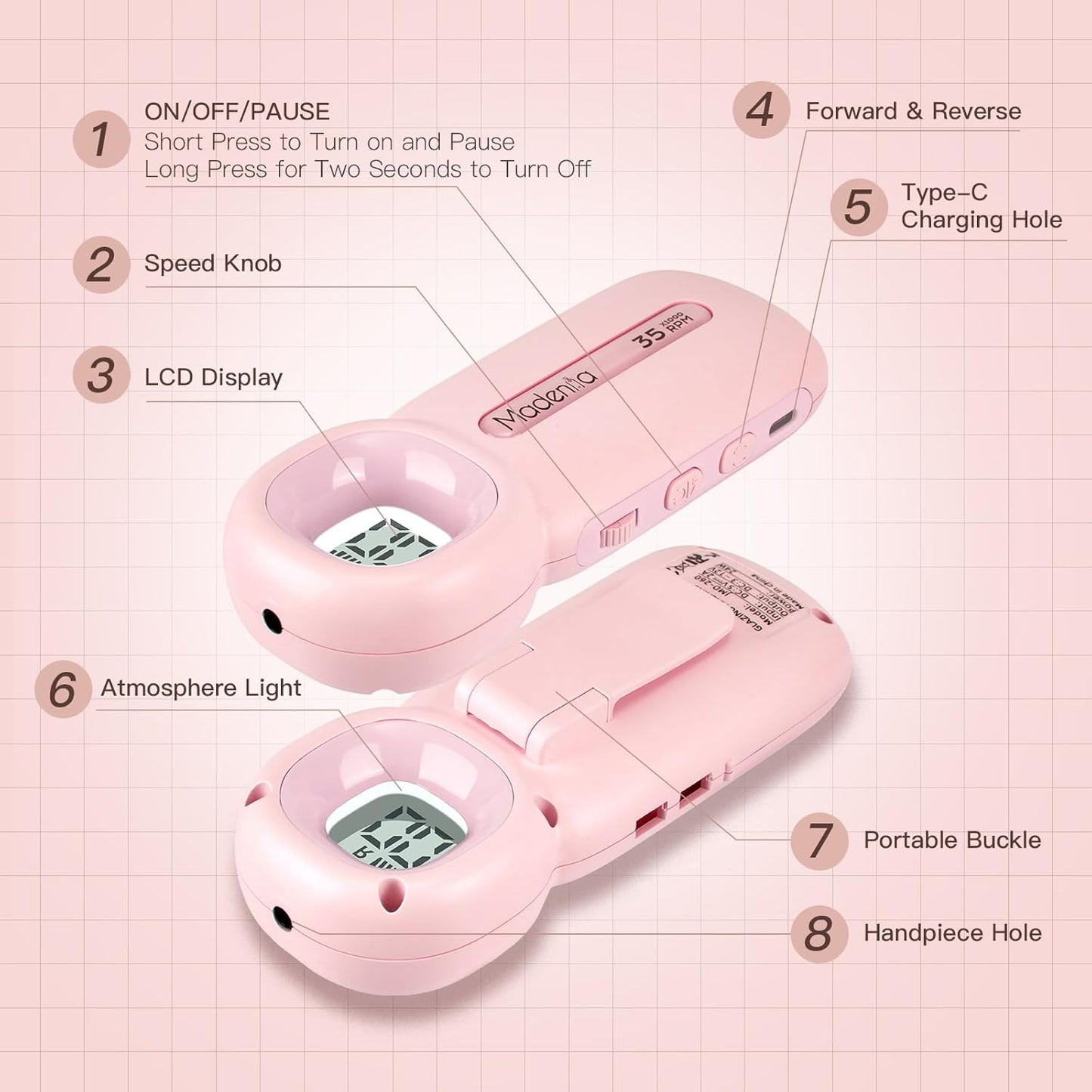 Madenia Portable Rechargeable Nail Drill Machine with LCD Screen, Professional Electric Nail File Efile for Acrylic Gel Nails Polishing Removing, Suitable for Salon Home Travel Manicure Use, Pink