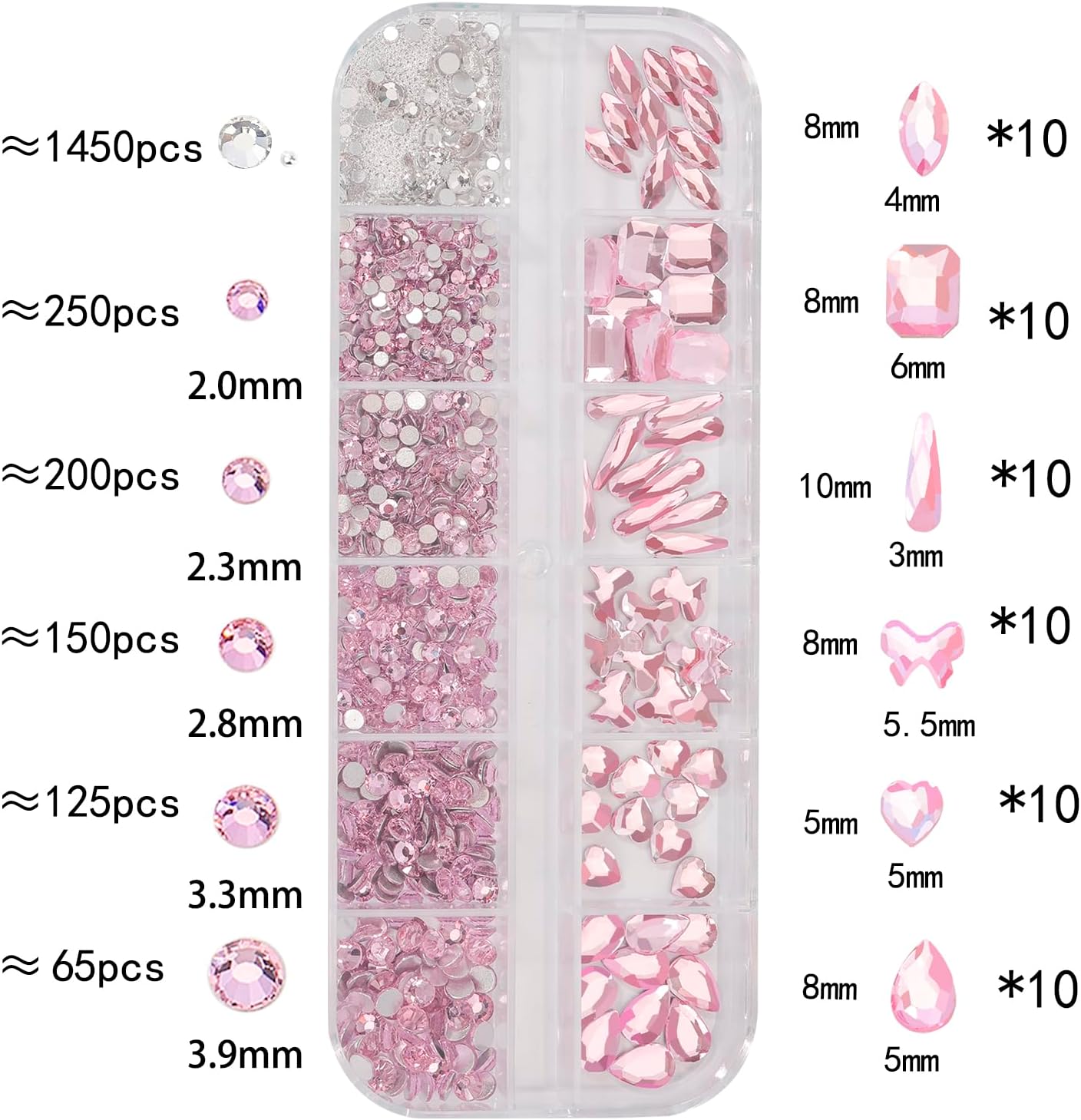 Multi Shapes Light Pink 3D Glass Crystal Nail Rhinestones Kit Mix 0.8mm Silver Nail Round Beads Charm Flatback Gems 5 Grids Flatback Rhinestones Stone Diamond for Manicure Makeup DIY Decoration