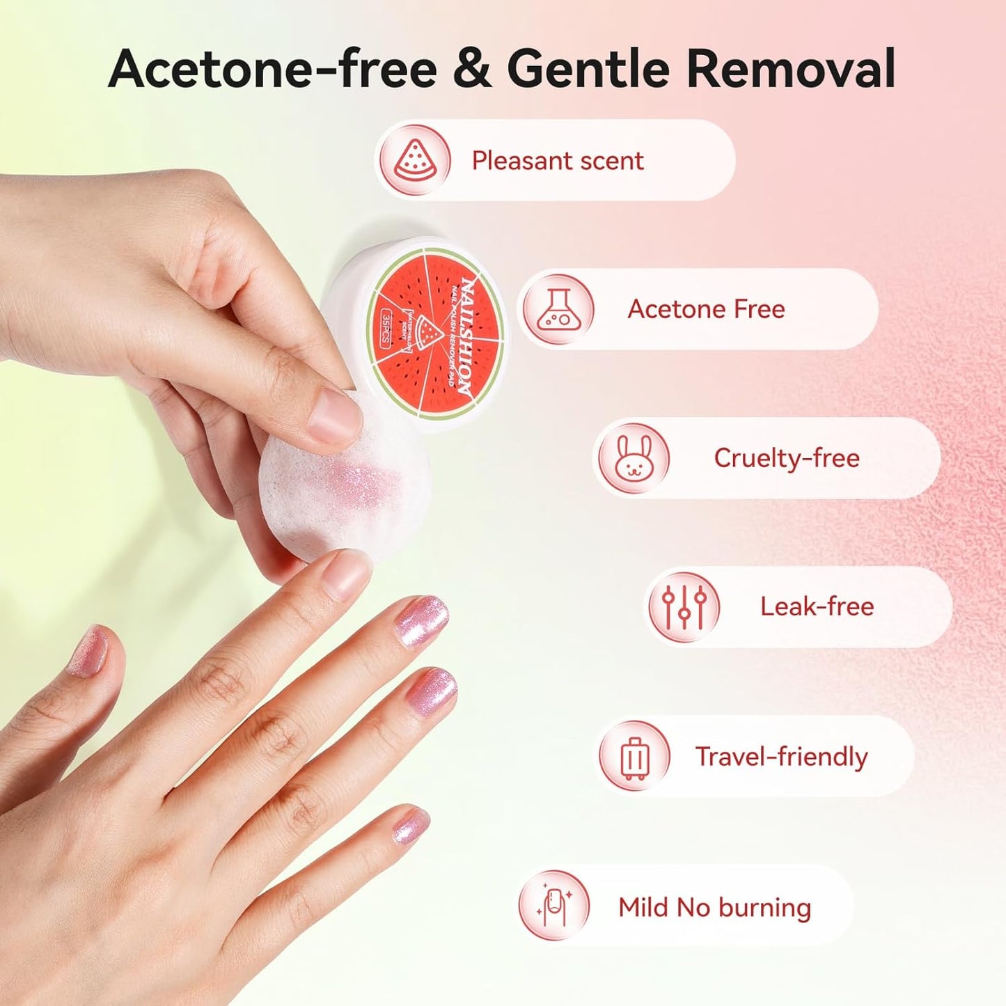 Nail Polish Remover Pads, 140 Pcs Travel Fingernail Polishes Wipes in 4 Boxes, Non-Acetone | 3-5s Quick Removal | VE Moisturing, Lint-free Handy Wipes to Clean Polish, Watermelon Scent