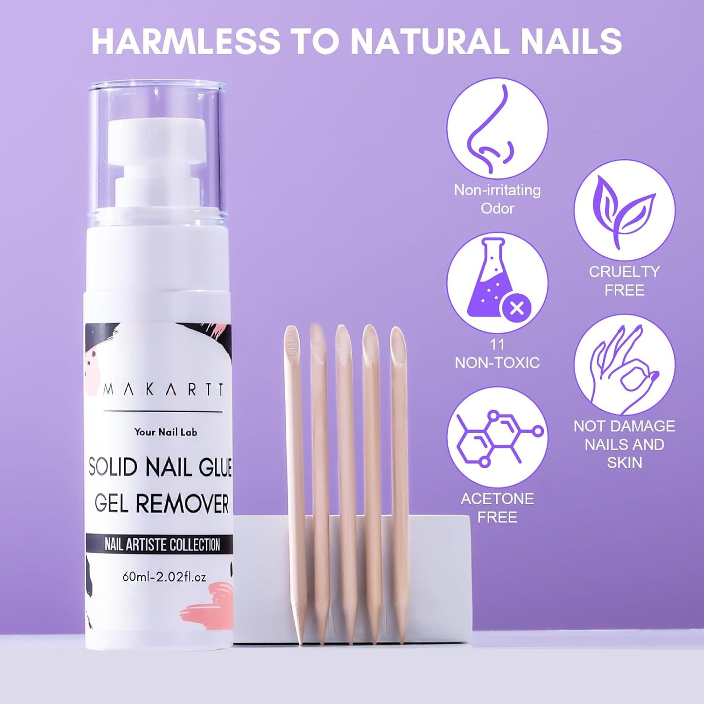 Makartt Nail Glue Remover for Press on Nails, 60ML Gentle Glue Remover for Solid Nail Glue Gel Non-Acetone Press on Nail Remover for Nail Tips, Nail Polish Remover with 5pcs Wooden Sticks