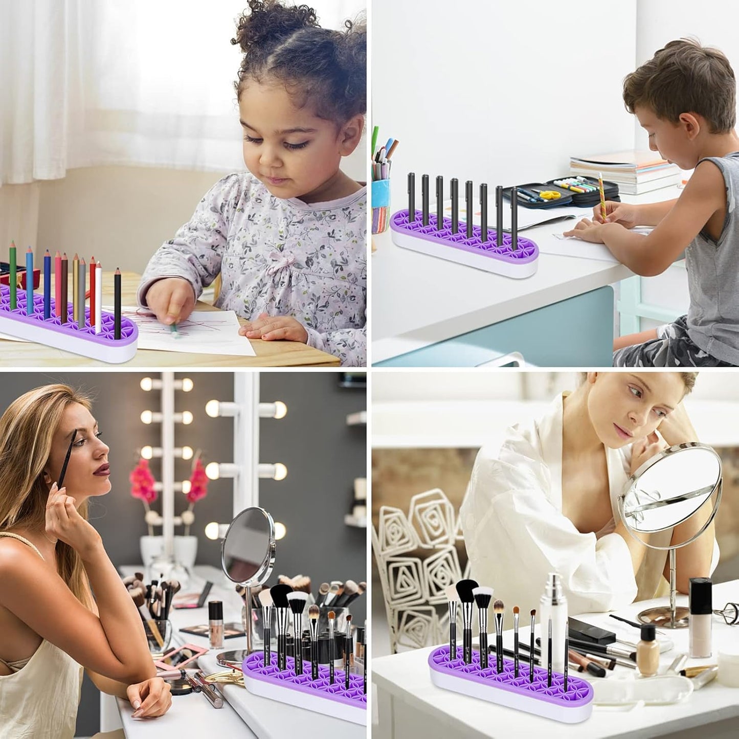 Unaone Silicone Makeup Brush Holder, Multipurpose Beauty Tool Organizer Make up Brush Storage Stand for Painting Pen Brushes Nail Clippers Drill Pens Ruler Sewing Craft Tools (Purple)