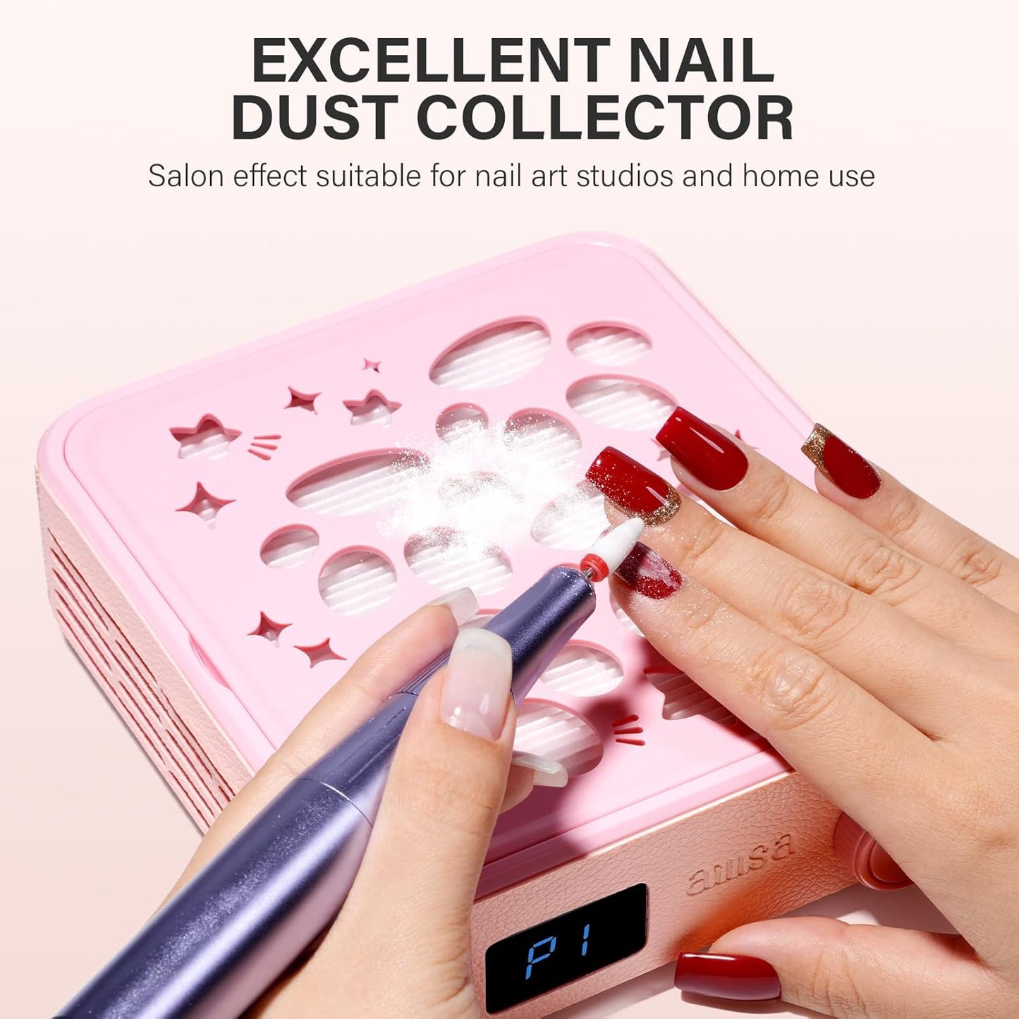 Aillsa Nail Dust Collector: Professional Powerful Suction Dust Collector Nail Tech Adjustable Speed with LED Display & Brush & Filter Paper for Acrylic Gel Nail Polish Manicure Salon & Home Use（Pink）
