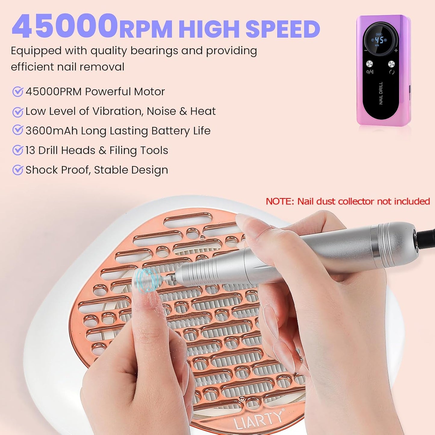 45000 RPM Nail Drill Machine Cordless, Rechargeable Electric Nail File Machine Professional Drill Tools for Acrylic Nails Gel Salon Manicure Pedicure