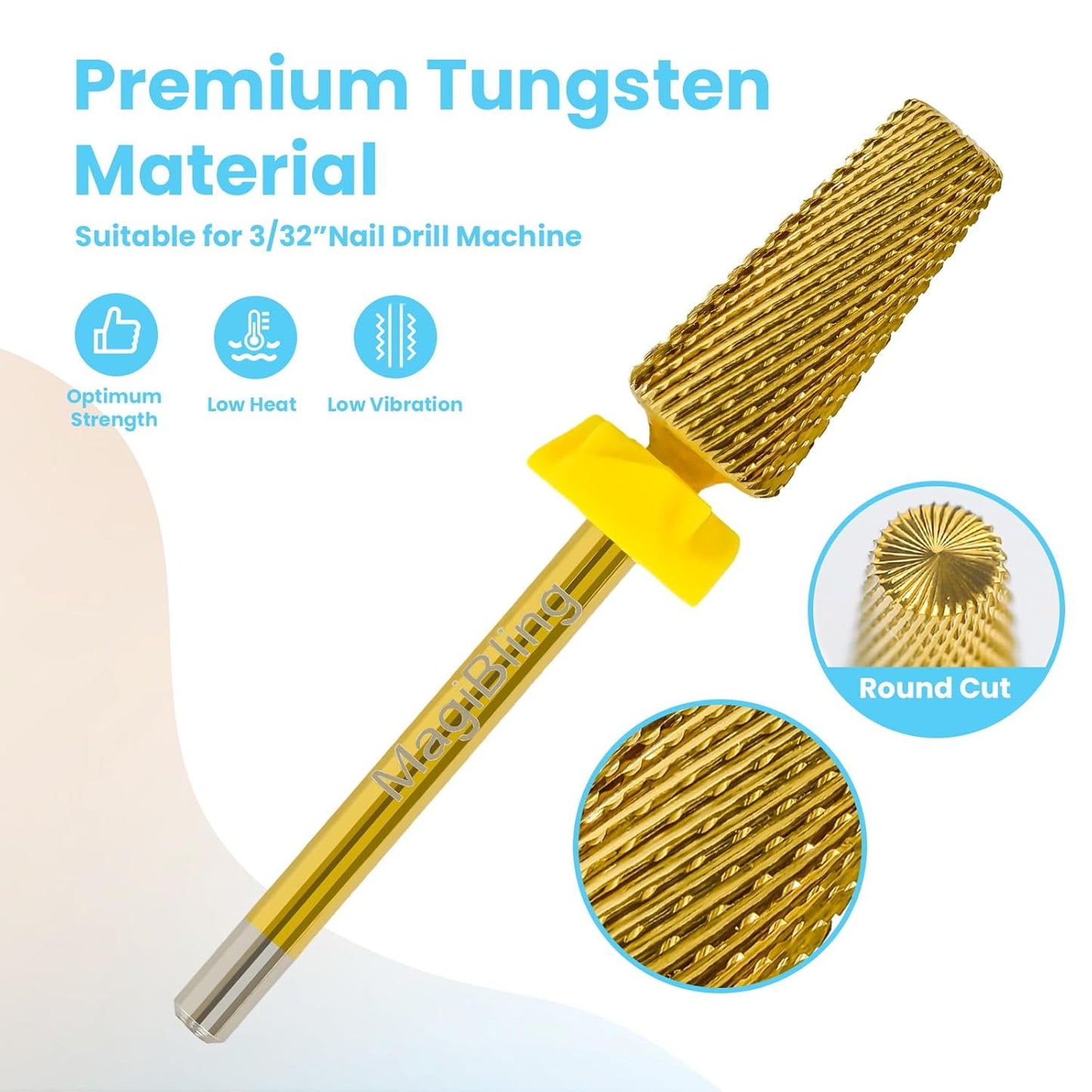 Professional 5 in 1 Tapered Nail Drill Bits, 3/32'' Safety Tungsten Carbide Bits, Remove Gel Fast Left & Right Hand Use, Easy for Beginner, Technicians Bits, Gold, Extra Fine.