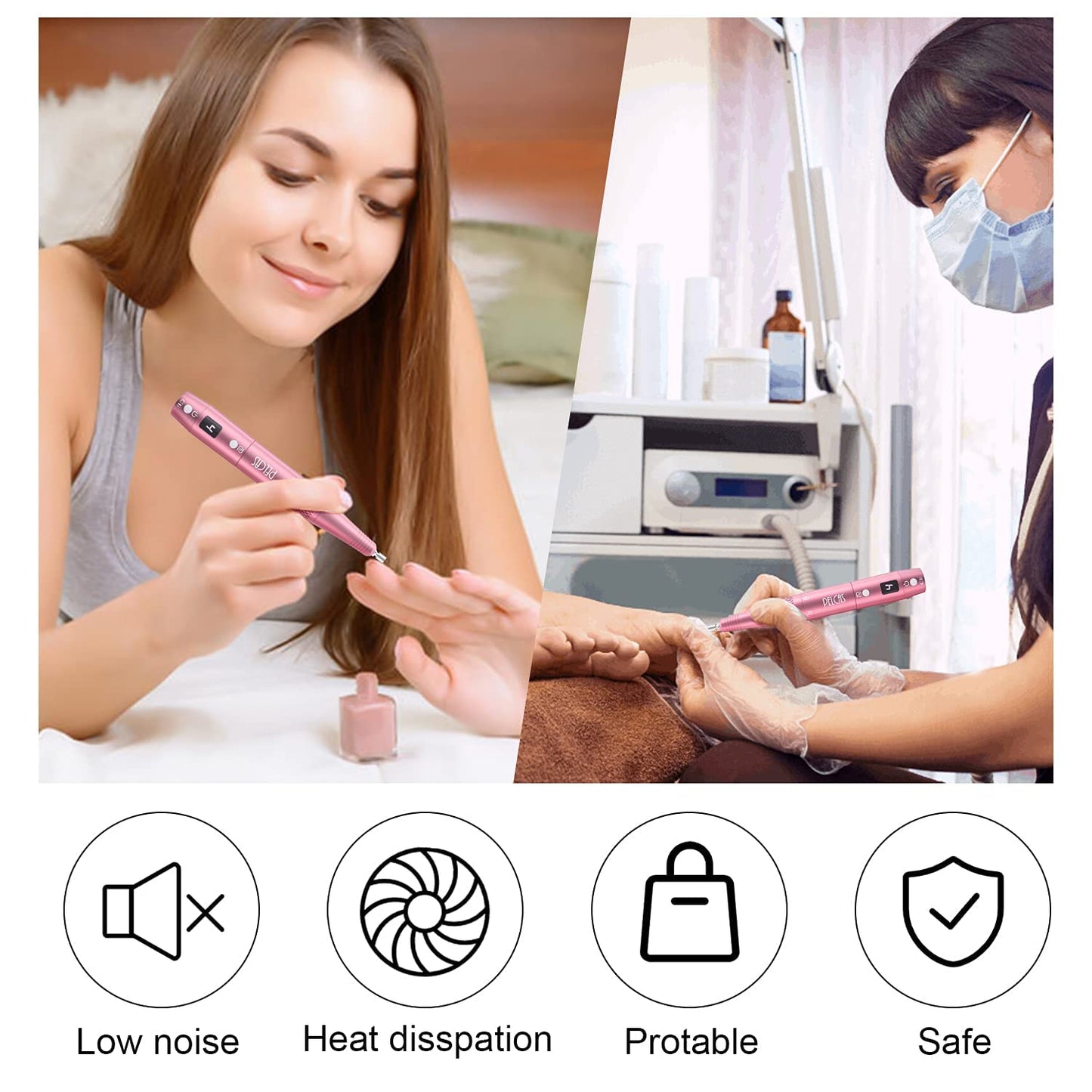 PELCAS Cordless Electric Nail Drill, Professional Portable Manicure Nail Drill Kit 20000RPM Rechargeable 5 Adjustable Speeds LCD Display 11 Attachments for Acrylic Nails, Polishing, Nail Art